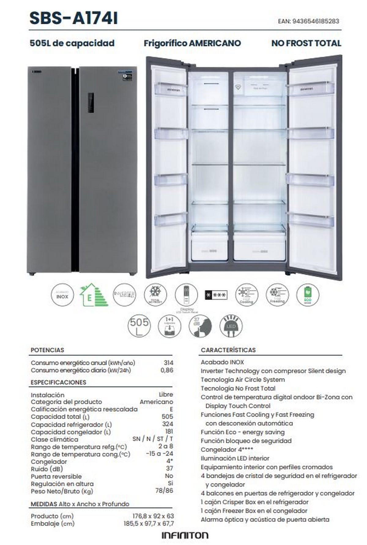 INFINITON Frigorifico Americano SBS-A174I, 505 Litros, 177 cm de Altura, No Frost Total, Inverter, Funciones Fast Cooling y Fast Freezing, E, Iluminación LED interior, Función Eco, Inox
