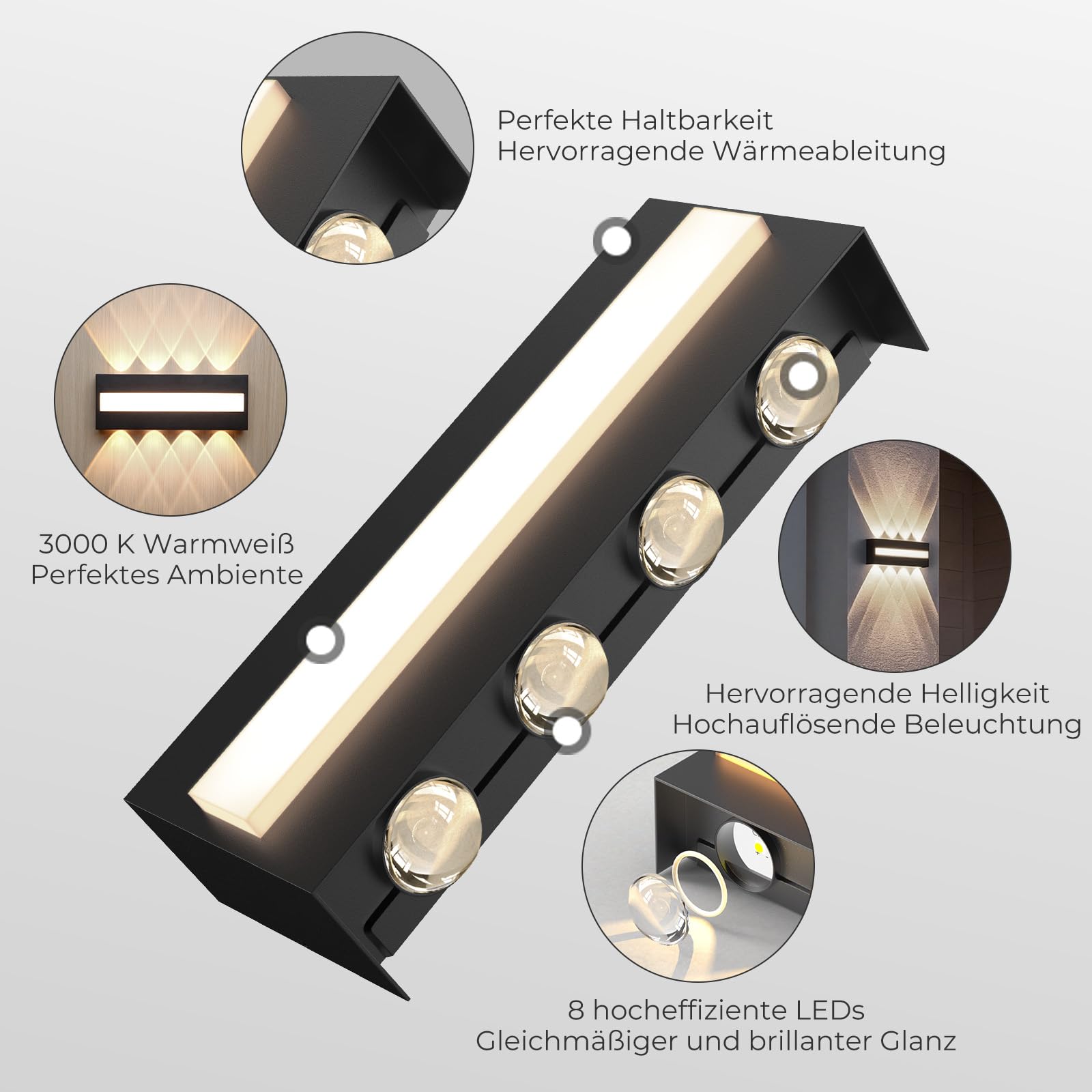 LED Wandleuchte Innen IP65, 3000K Wandlampe mit 8 Lichtquellen Up Down, 12W (1200lm) LED Lampe aus Aluminium Für Wohnzimmer, Schlafzimmer, Flur, Treppenhaus, Warmweiß