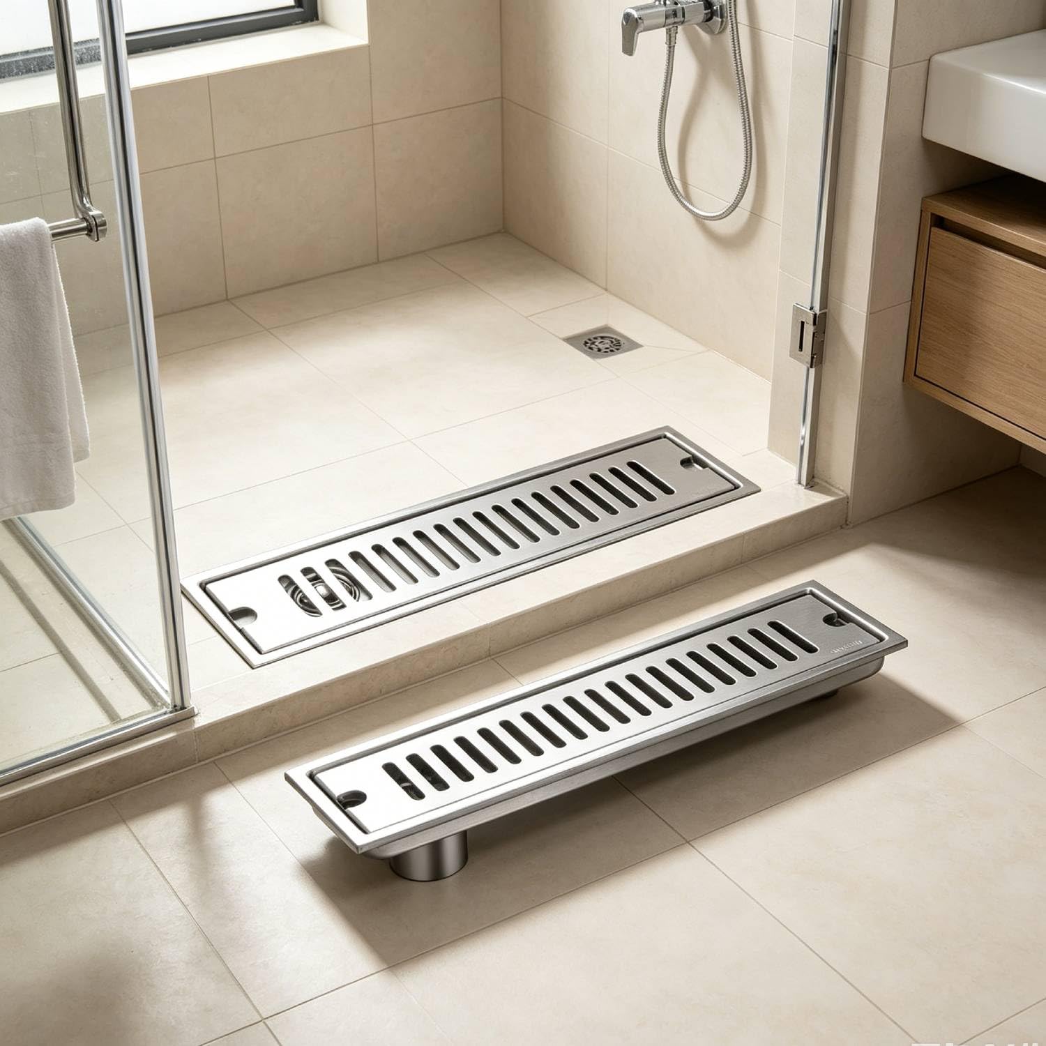 Tissting Desagüe de Ducha, 40cm Trampa para El Cabello Sumidero | Acero Inoxidable con Filtración Doble Sumidero Ducha Sifón y Filtro Desague Ducha para Baño,Cocina y Balcón(Side Drainage)