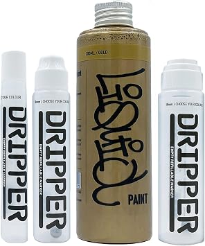 Liquid Paint & Dripper Bundle Dope, Multi Colour Refill & Multi Size Empty Mop Marker Graffiti Art Pack, Permanent 200ml Alcohol Based Paint Gold