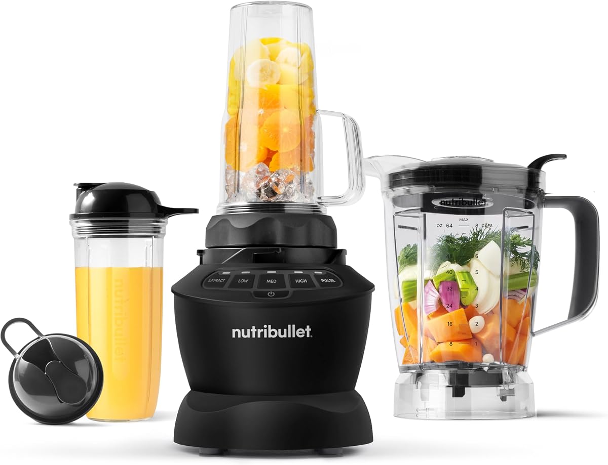 nutribullet Full-Size Blender Combo, Single-Serve & Large Capacity, 1200W, 64oz Pitcher, 32oz Cup, Extractor Blade, 3-Speed, Pulse, Smoothies, Soups, Sauces, Easy Cleaning, Matte Black, NBF50500AK