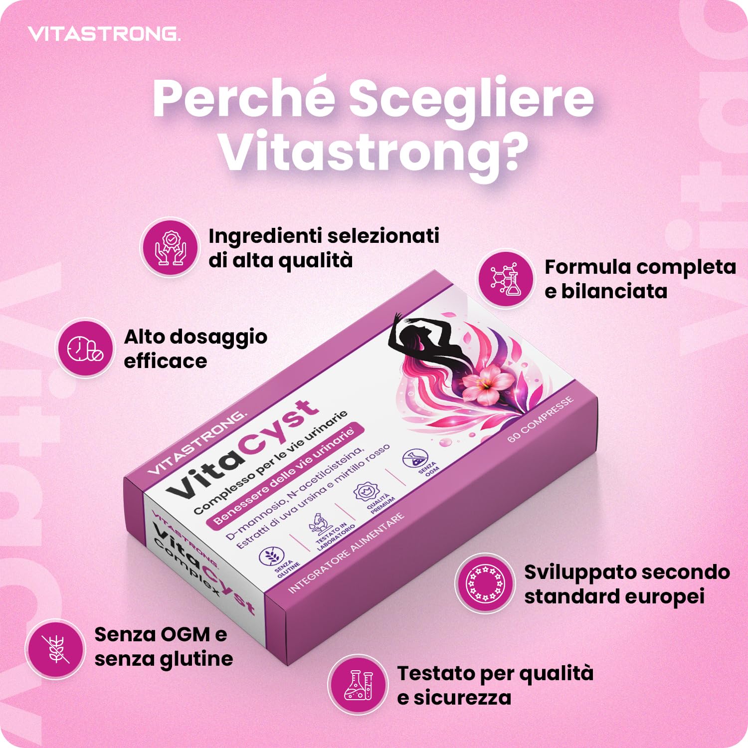 VitaCyst, D Mannosio Puro con NAC N-Acetil-Cisteina, Estratti di Mirtillo Rosso (Cranberry) e Uva Ursina Vegan Integratore Alimentare Vie Urinarie Donna, 60 Compresse Senza Glutine, Lattosio, OGM