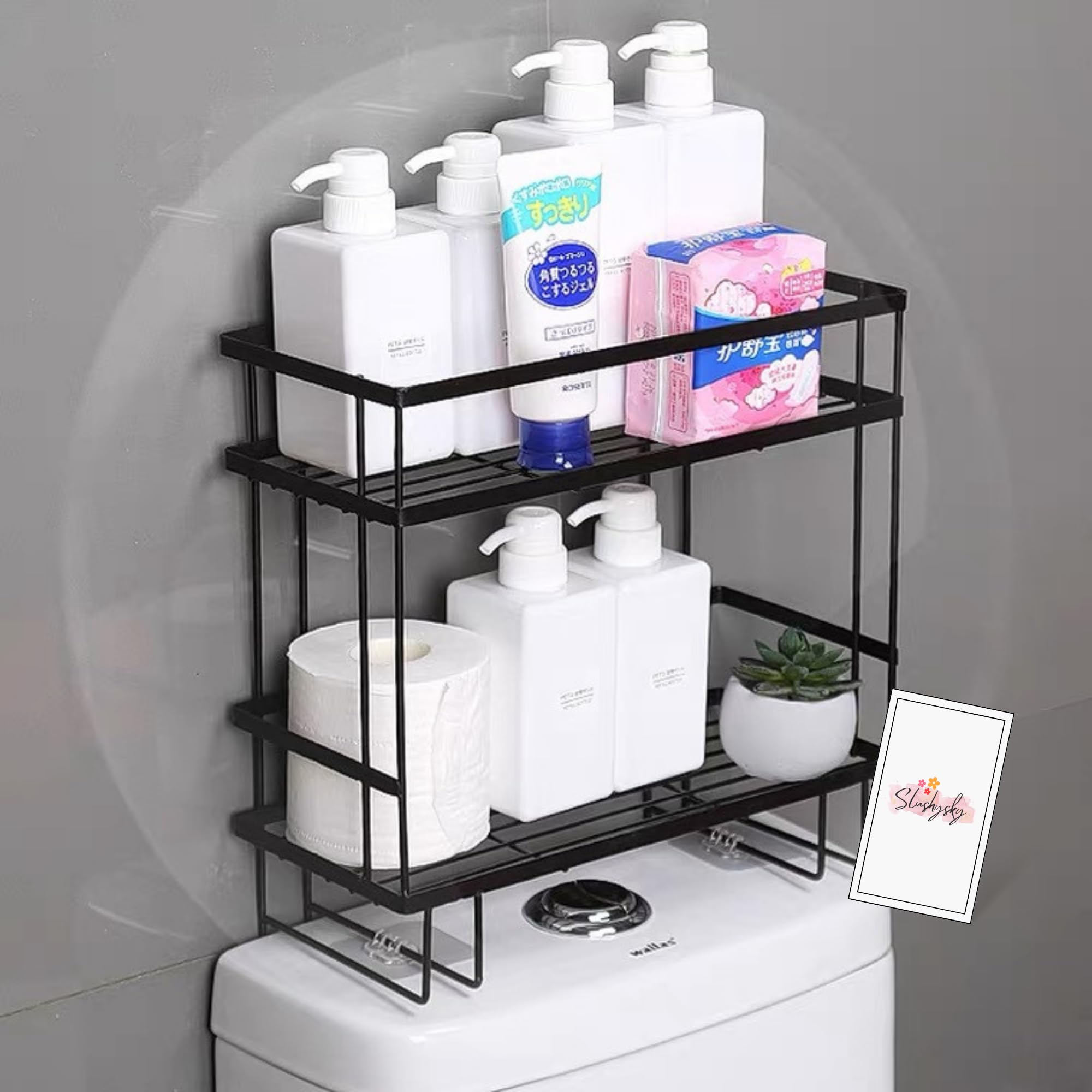 SLUSHYSKY Bathroom Over The Toilet Storage Shelf, 2-Tier Bathroom & Kitchen Organizer w/Hanging Hook Adhesive Base & Toilet Paper Hanger, No Drilling, Multipurpose Countertop (Black-34x15x36cm)