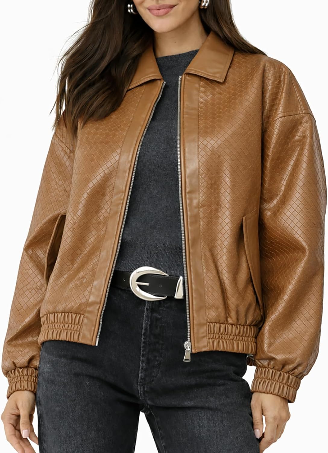 KANSOON Womens Faux Leather Bomber Jacket Textured Zip Up Cropped Street Style Trendy Outerwear