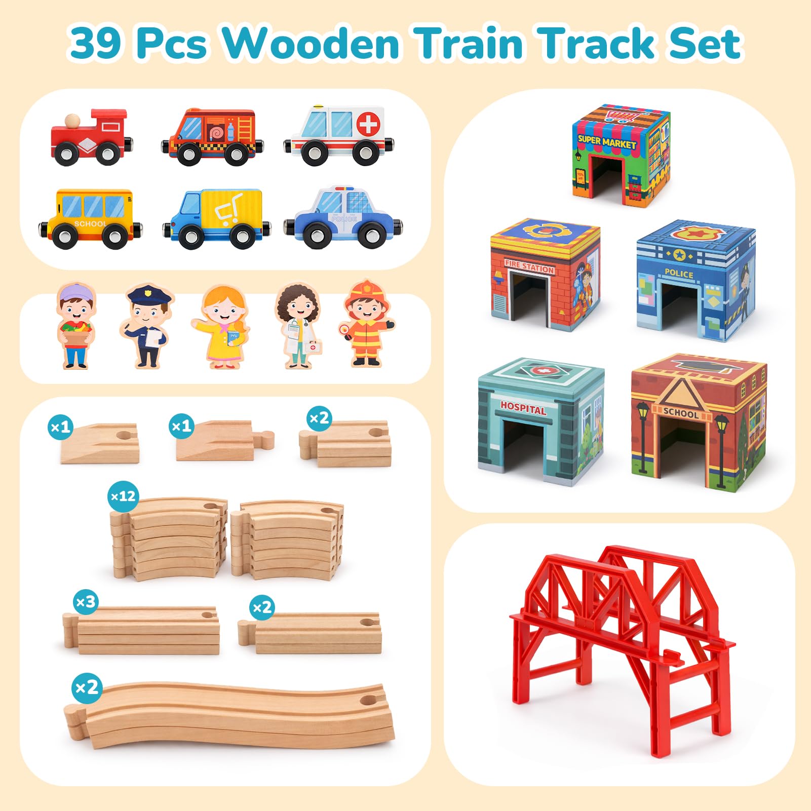Dreamon 40 Pièces Set de Train en Bois Urbain pour Âges 3+, Rails de Train