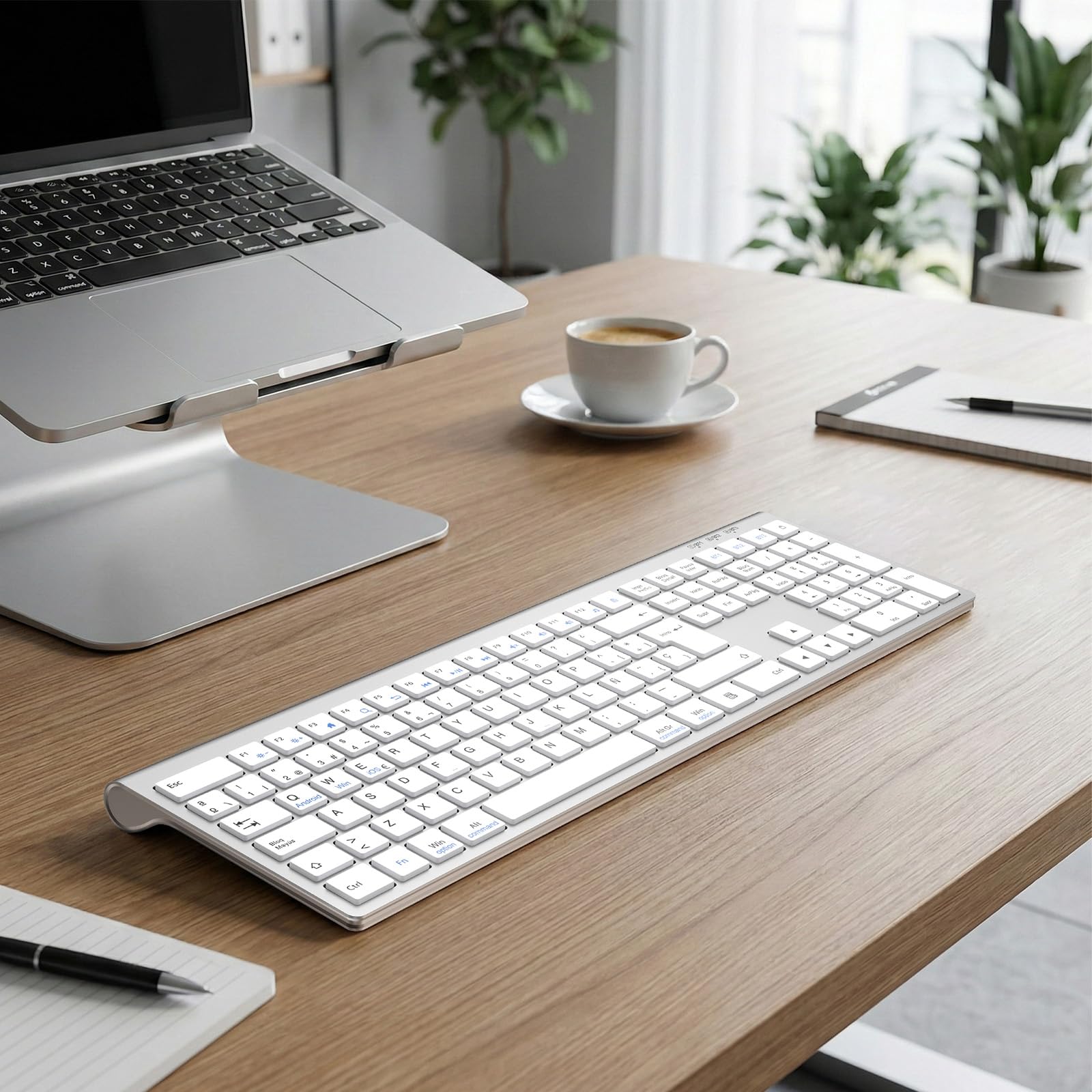 cimetech Teclado Bluetooth Recargable, QWERTY Español Layout, Teclado Inalámbrico EasyTyping Teclado de diseño ergonómico, Ultrafino para Ordenador/PC/portátil/Windows 10(Plata)