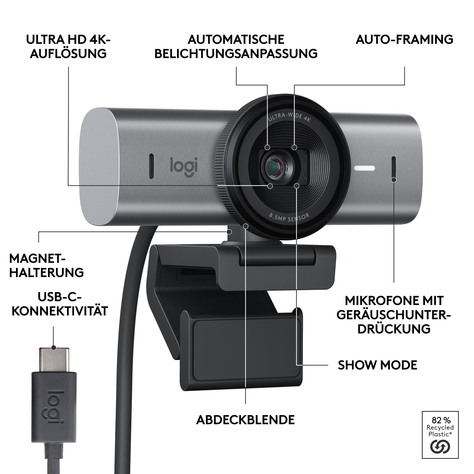 Logitech MX Brio Ultra HD 4K Collaboration and Streaming Webcam, 1080p at 60 FPS, Dual Noise Reducing Mics, Show Mode, USB-C, Webcam Cover, Works with Microsoft Teams, Zoom, Google Meet, Graphit