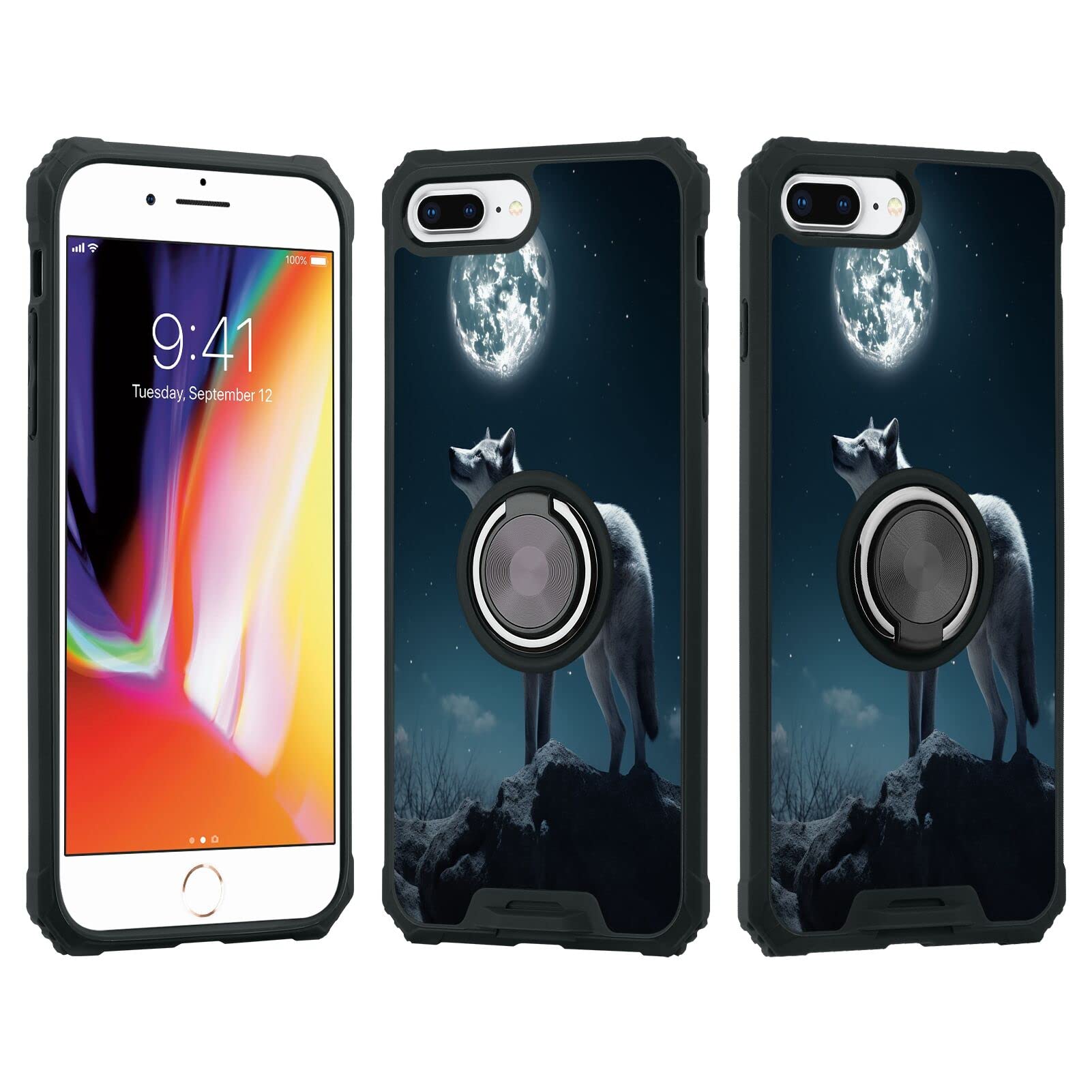 DeweiDirect Phone Case for iPhone 7/8 Plus Design Wolf Art Print JX085 Pattern with 360 Metal Ring Kickstand Shock Smartphone Armor Case with Stand