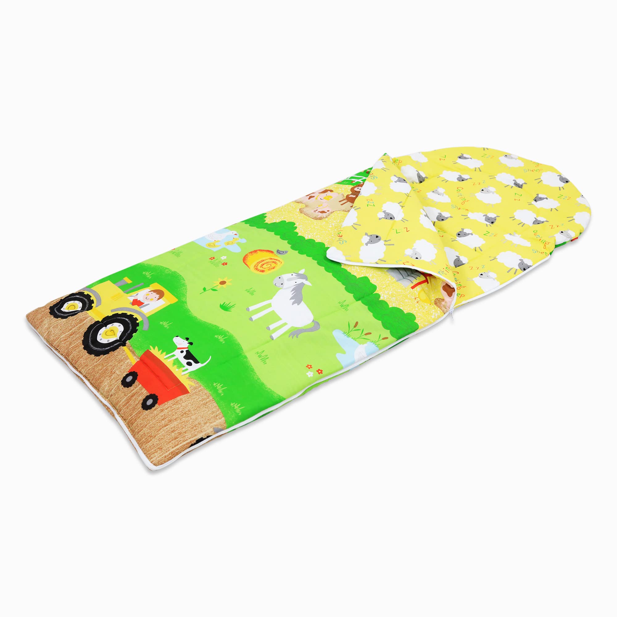 Happy Linen Company Girls Green Boys Kids Farm Animals 155 X 65 Cm Reversible Sleeping Bag