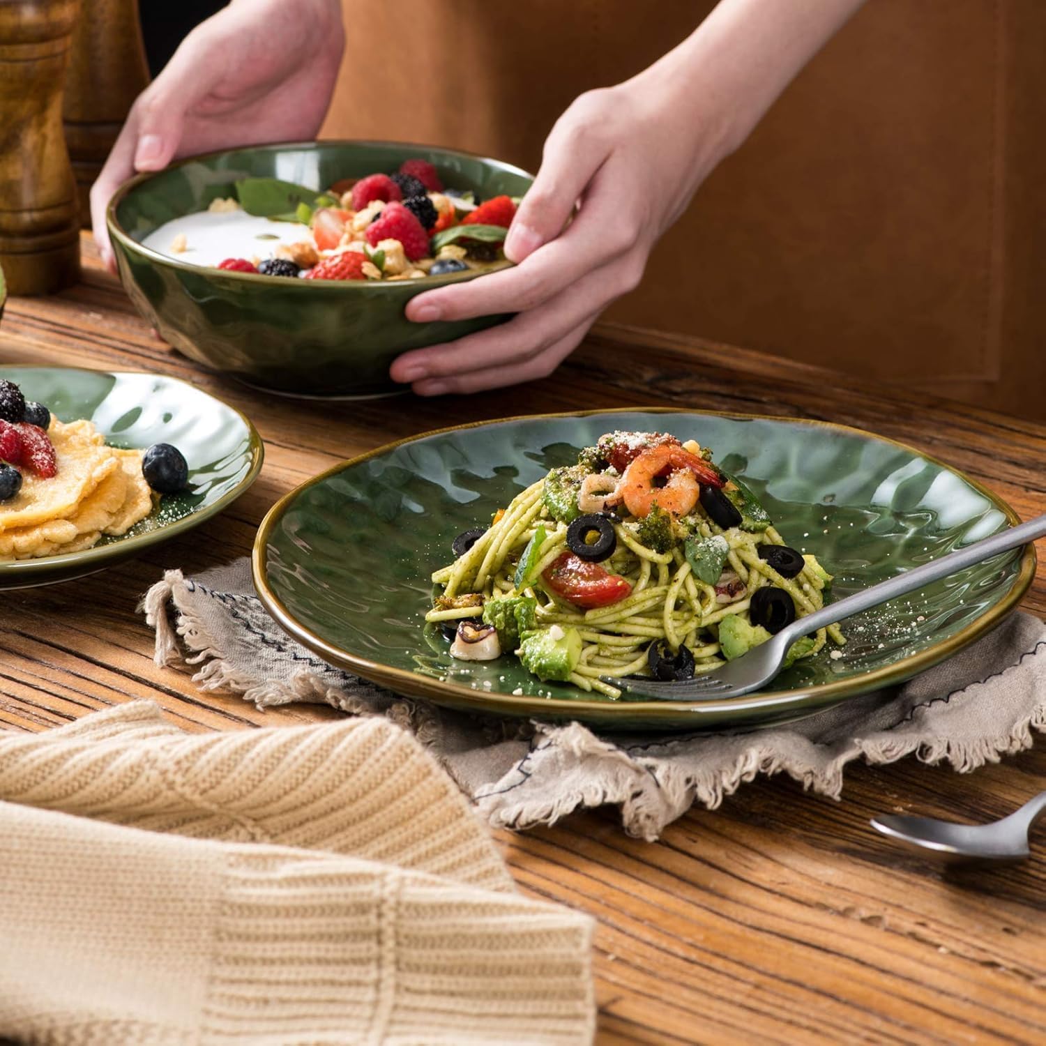 vicrays Ceramic Pasta Bowls Set, 32 Ounce Soup Bowls, Large Salad Bowls, Chip Resistant, Dishwasher Microwave Safe, Fluted stoneware Bowls for Kitchen, Serving Bowls, Set of 6 (Green) - Image 7