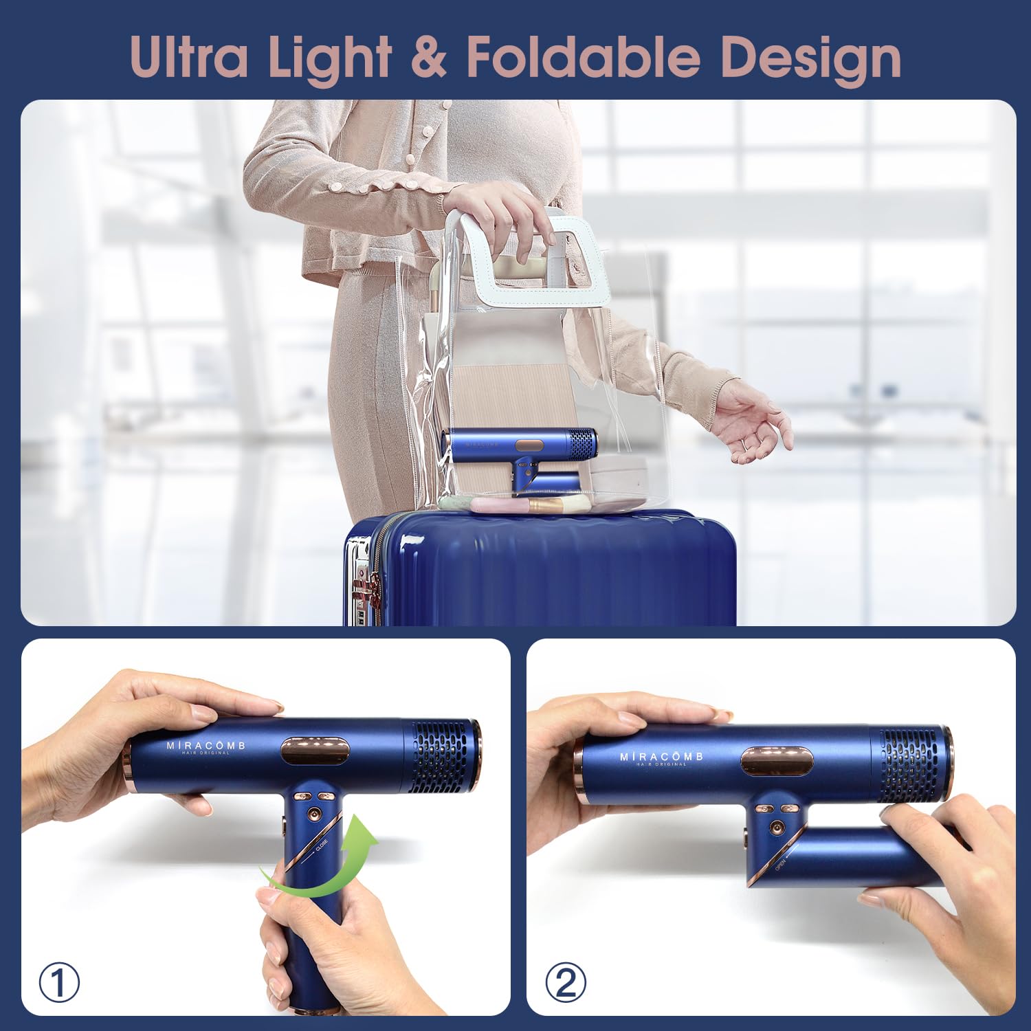 MIRACOMB Foldable Travel Hair Dryer, Powerful Ionic Blow Dryer Pro with Brushless Motor for Fast Drying, Lightweight Portable Hairdryer for Women/Men, Digital Heat/Speed Settings, with 2 Nozzles