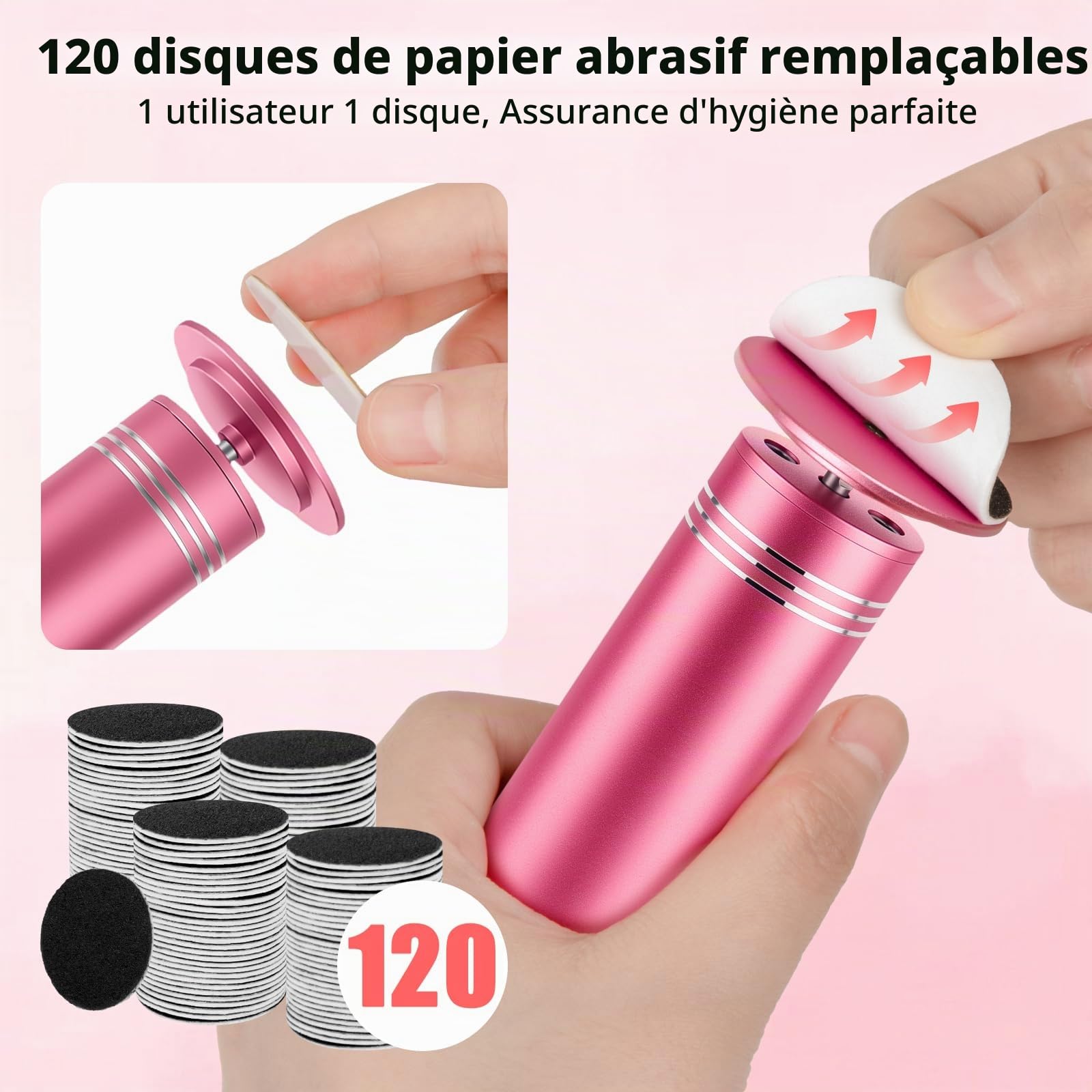 Râpe à pied électrique professionnelle – Ponceuse pour callosités et talons secs, appareil pédicure anti-peau morte, vitesse réglable, 120 disques abrasifs + brosse (Rose)