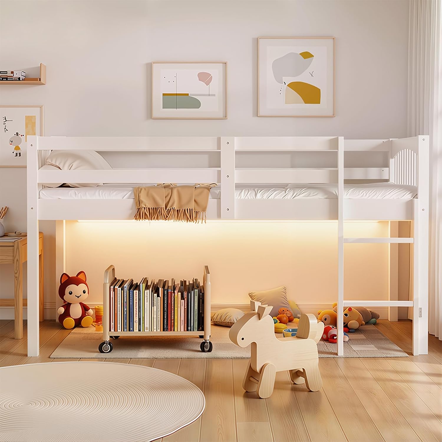 Loft Bed Twin Size for Kids, Low Loft Bed Twin with USB Power Outlet and LED Lights, Solid Wood Kids Loft Bed Frame, Space-Saving Twin Loft Bed for Kids Bedroom Play Storage