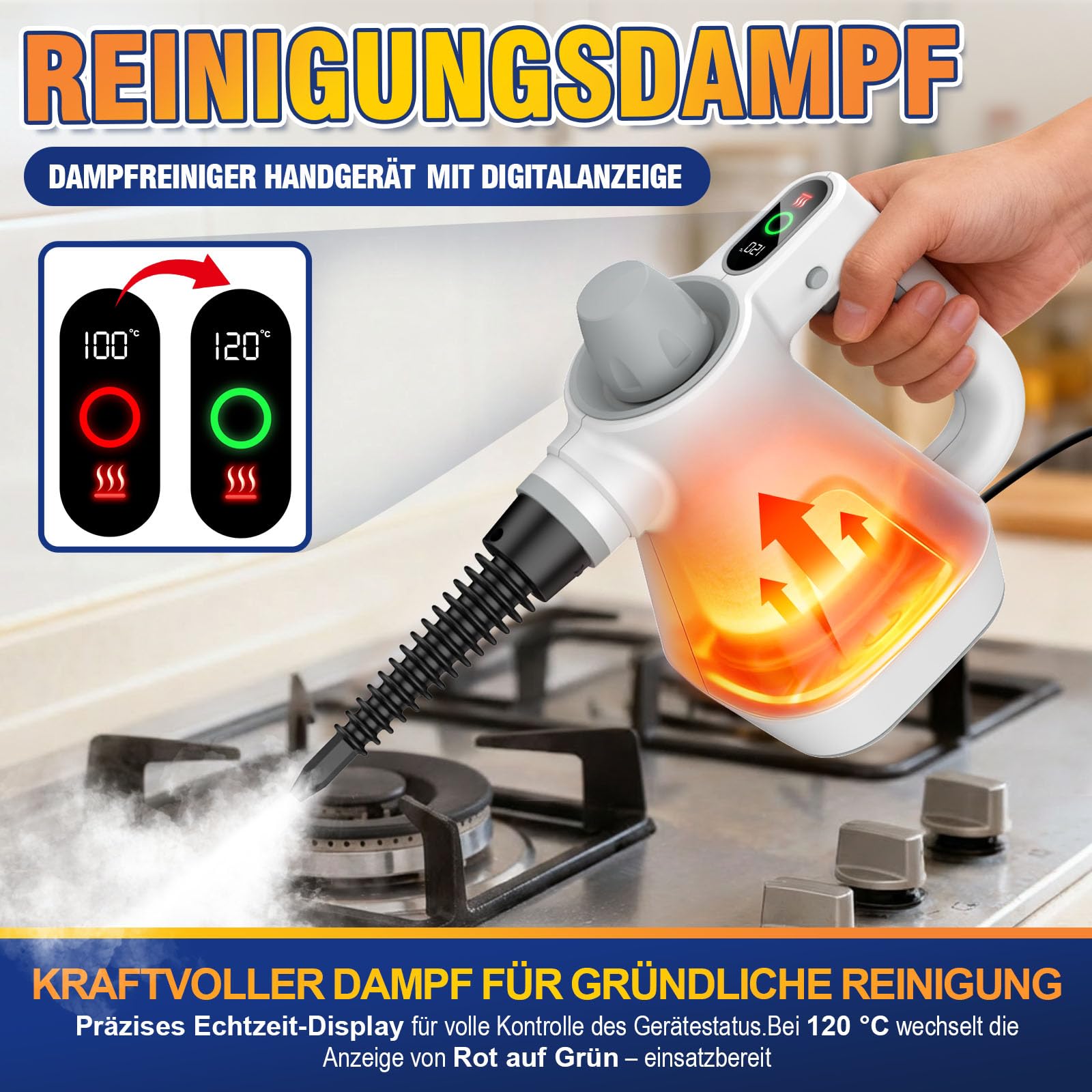 Limpiador a Vapor de Alta Presión con Pantalla Digital, Calentamiento Rápido para Sofá, Cocina, Baño