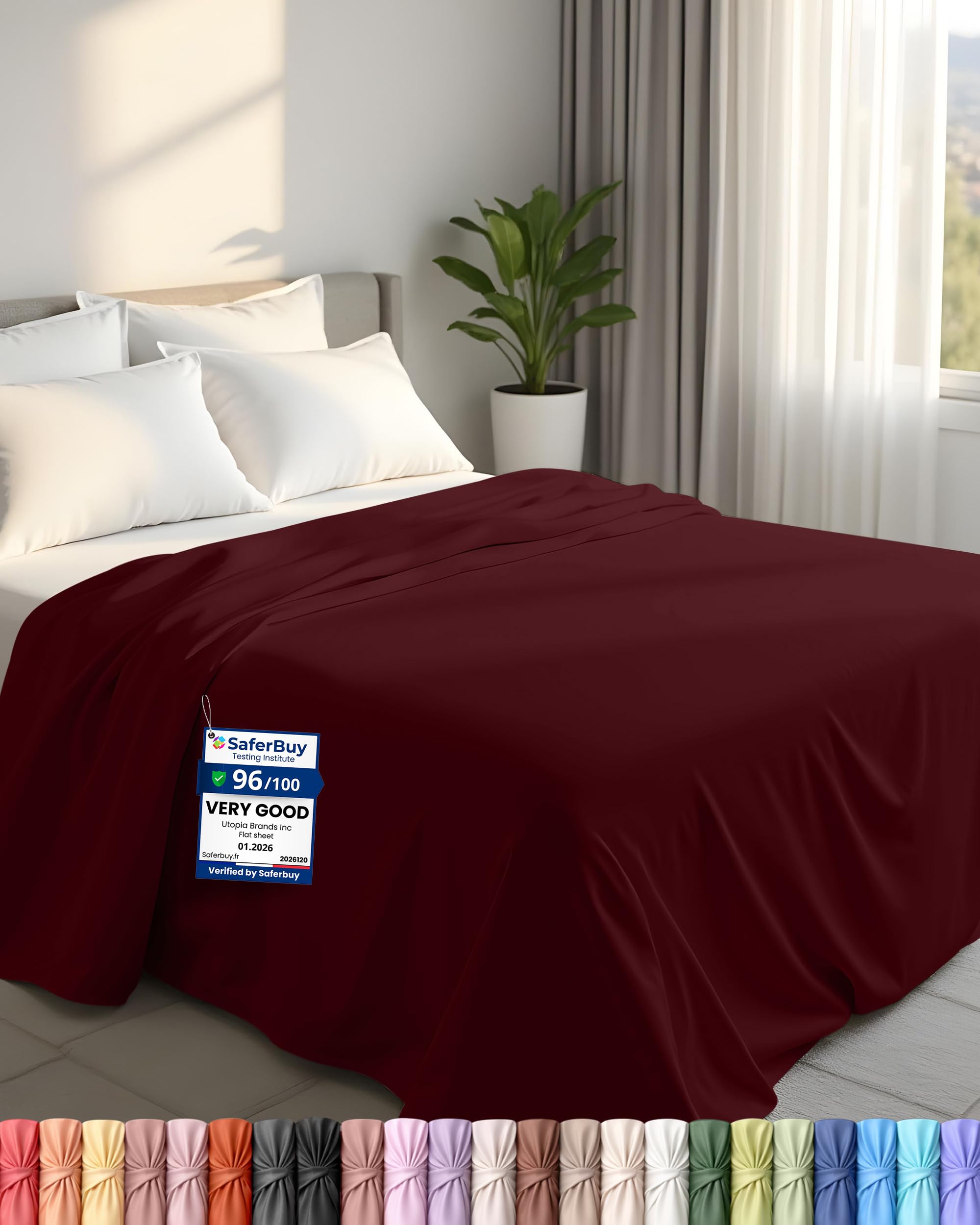 Utopia Bedding - Flat Sheet Double Size - OEKO-TEX Certified - Easy Care Soft Brushed Polyester - Microfiber Fabric - Wrinkle, Shrinkage, and Fade Resistant - Burgundy