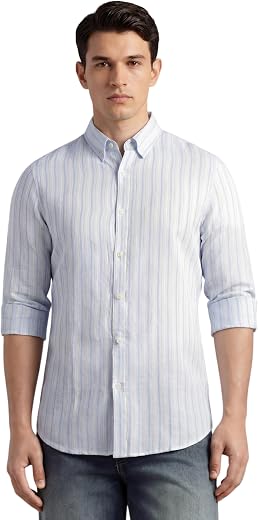 Thomas Scott Men's Slim Fit Vertical Striped Linen Casual Shirt | Button-Down Collar, Long Sleeve