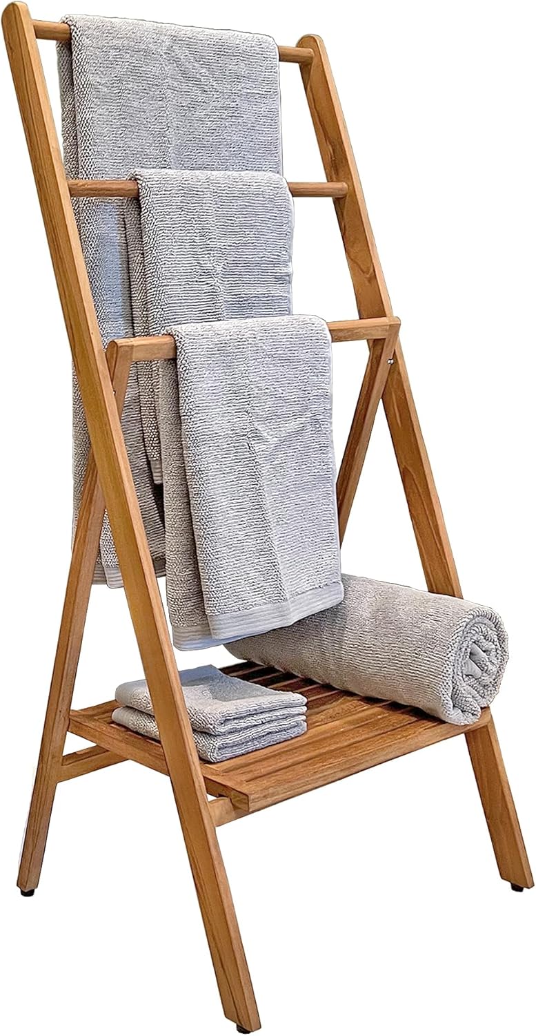 Asta Spateak Select Folding Towel Rack with Bottom Shelf, Solid Teak 3-Bar Towel Stand, RB-301