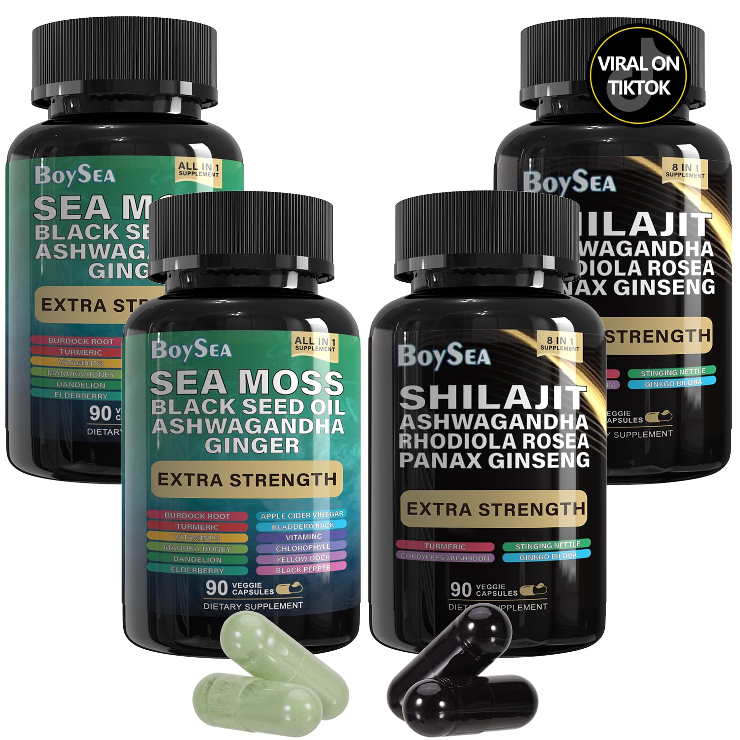Boysea.Shilajit and Sea Moss Bundle- 90 Count - Sea Moss, Black Seed Oil, Ashwagandha, Ginger & Shilajit, Rhodiola Rosea, All in 1 Supplements (2 Pc)