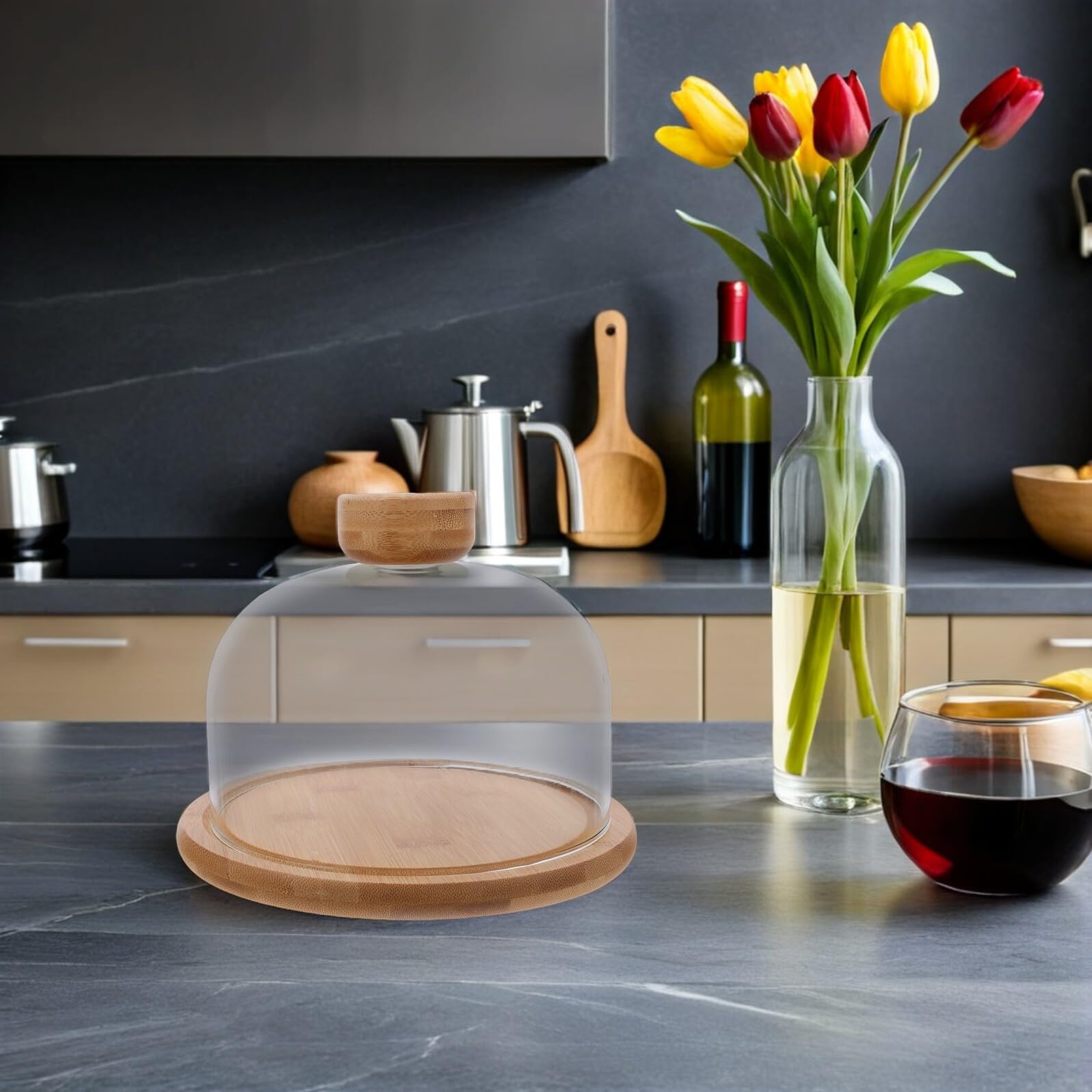 Angoily Tortenständer mit Glasglocke aus Glas und Bambus für Hochzeiten | Vollsichtige Präsentation, Frischebewahrend und Staubgeschützt, Vielseitig für Partys, Desserts, Obst und Snacks