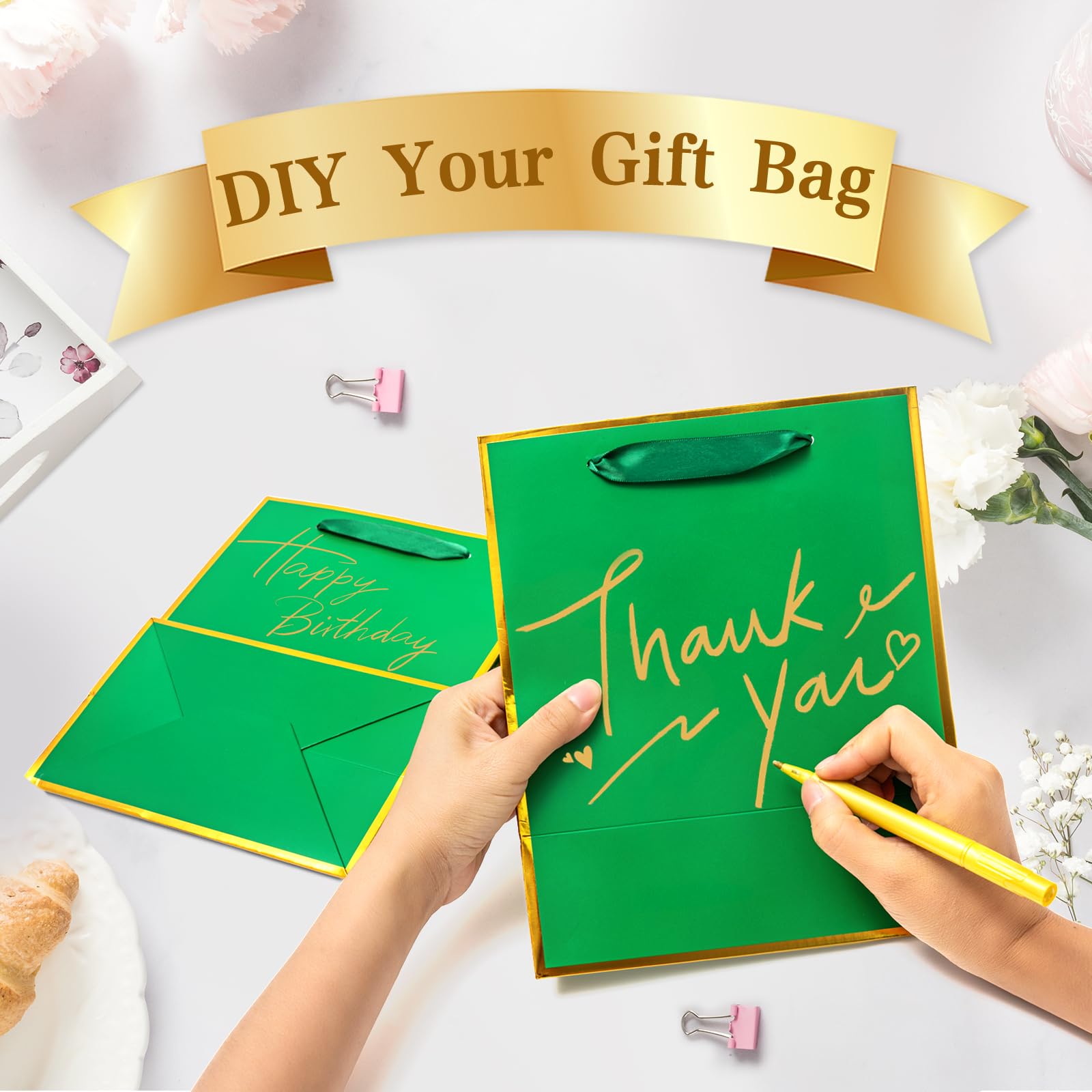 Epoesch 24Pcs Premium Gift Bags with Handles & Tissue Paper – 8"x5"x10" Green with Gold Edge –Thank You Bags for Father's Day, Birthdays Party, Wedding, Welcome Gift, Business