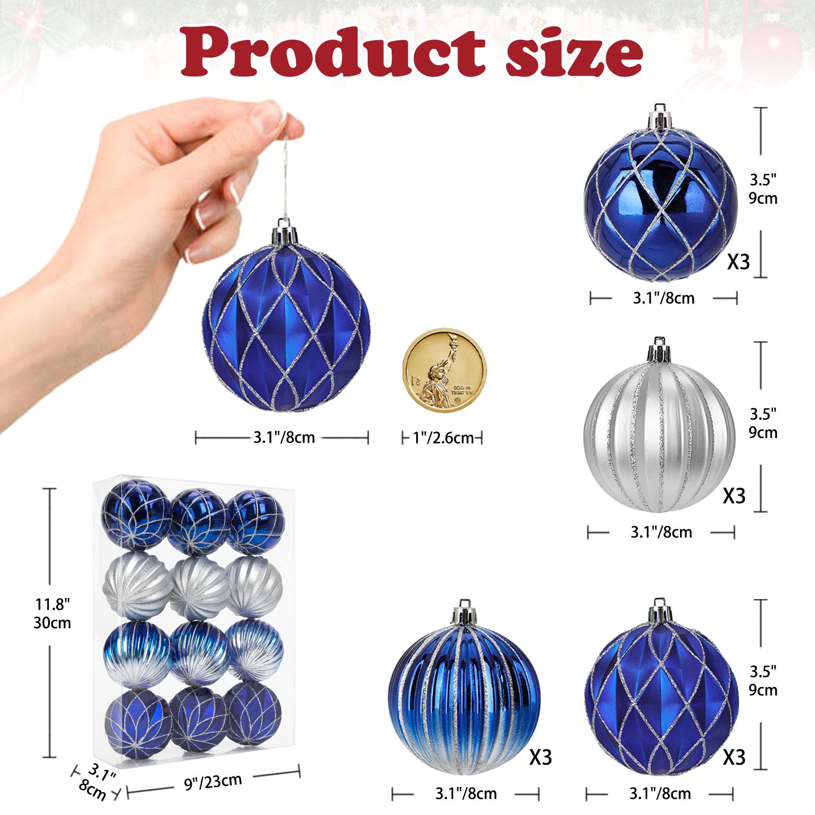 Set di 12 Baubles di Natale 8 CM - Decorazioni per Albero di Natale in Plastica Blu Scanalate