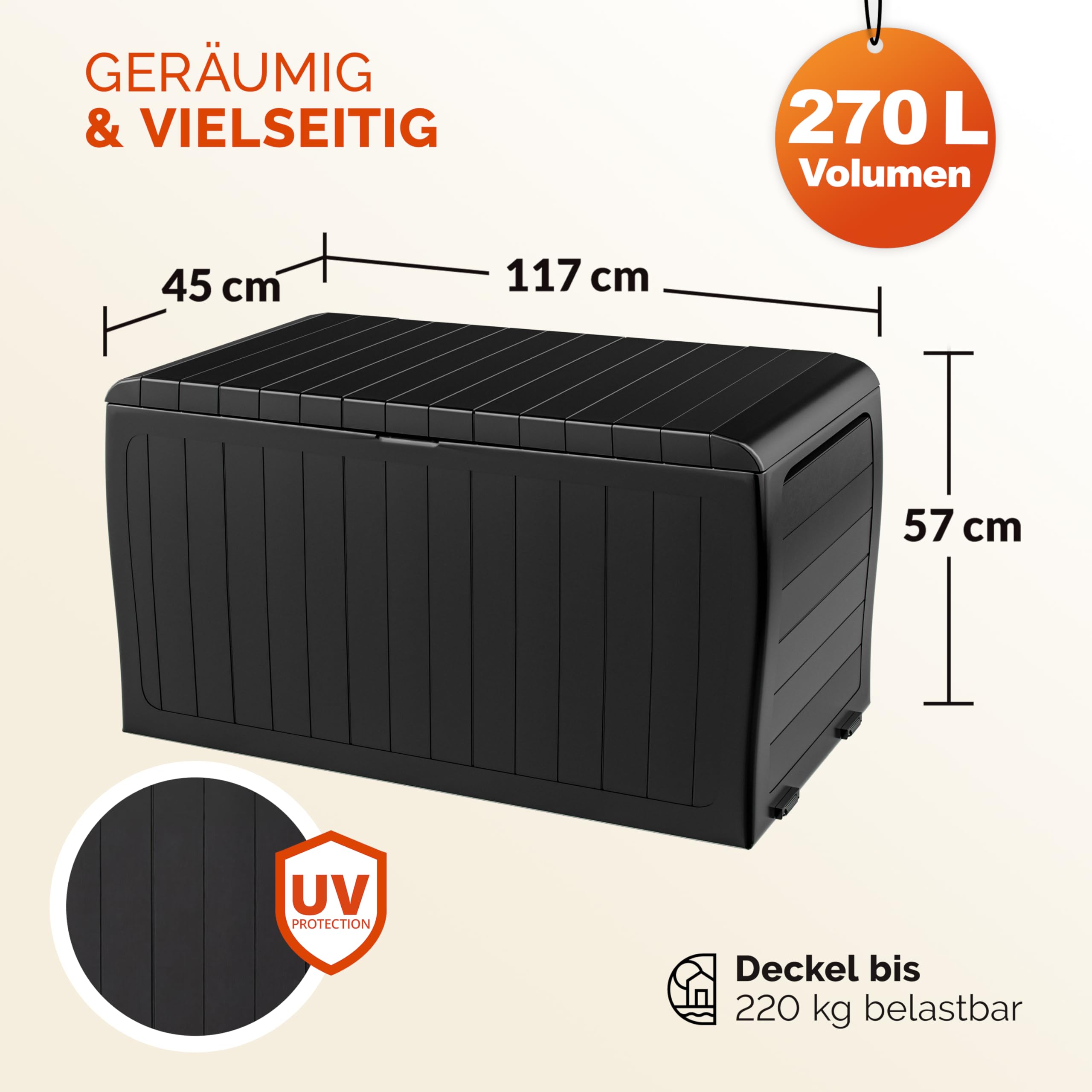 Deuba® Gartenbox Auflagenbox 270L UV-beständig Haltegriffe Rollen Verschlussvorrichtung Balkon Wohnzimmer Wintergarten Kissenbox 117x45cm Anthrazit