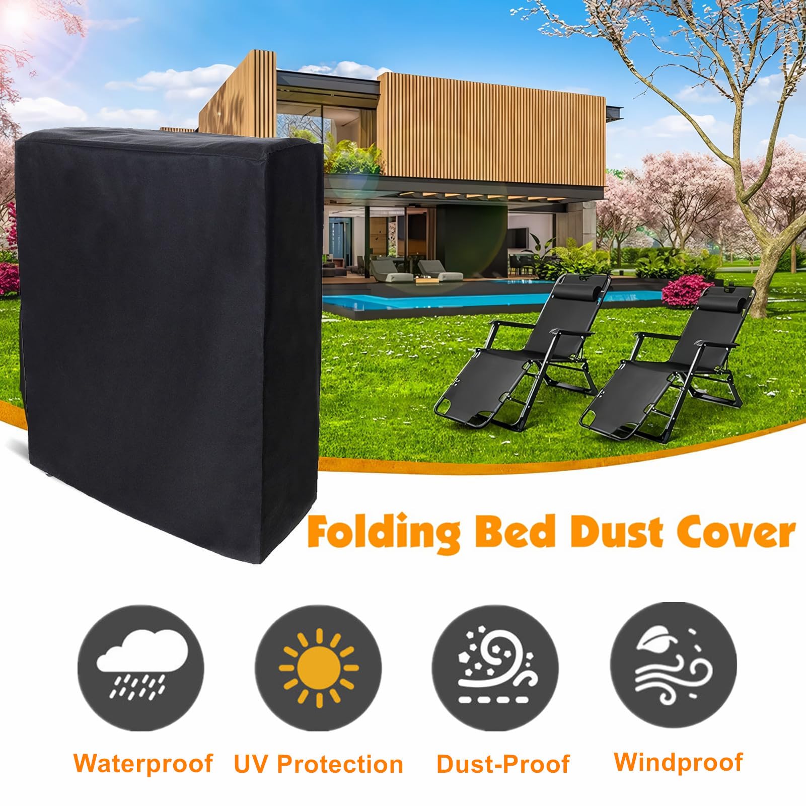 Klappbar Relax-Liegestuhl Abdeckung, Wasserdicht, Winddicht, UV-Beständiges, Schwerlast 210T Oxford Gewebe Schutzhülle für Gartenliege Sonnenliege Relaxliegen (Schwarz) (102 * 33 * 104cm)