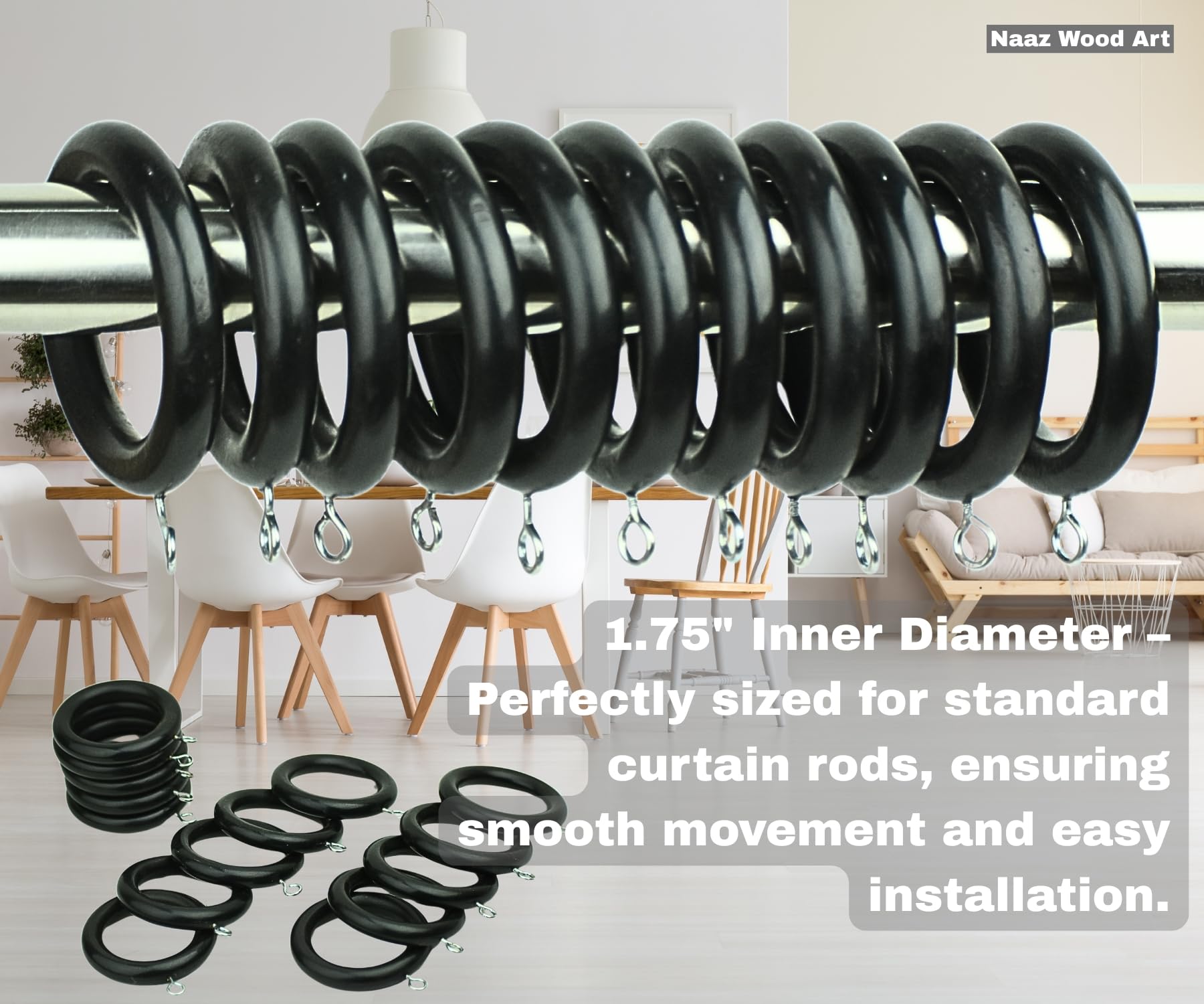 Naaz Wood Arts® Wooden Curtain Rings 2.5 inch Black Color 100 Pcs Wooden Curtain Rings with Metal Clips Curtain Rods, Rustic and Modern Home Décor