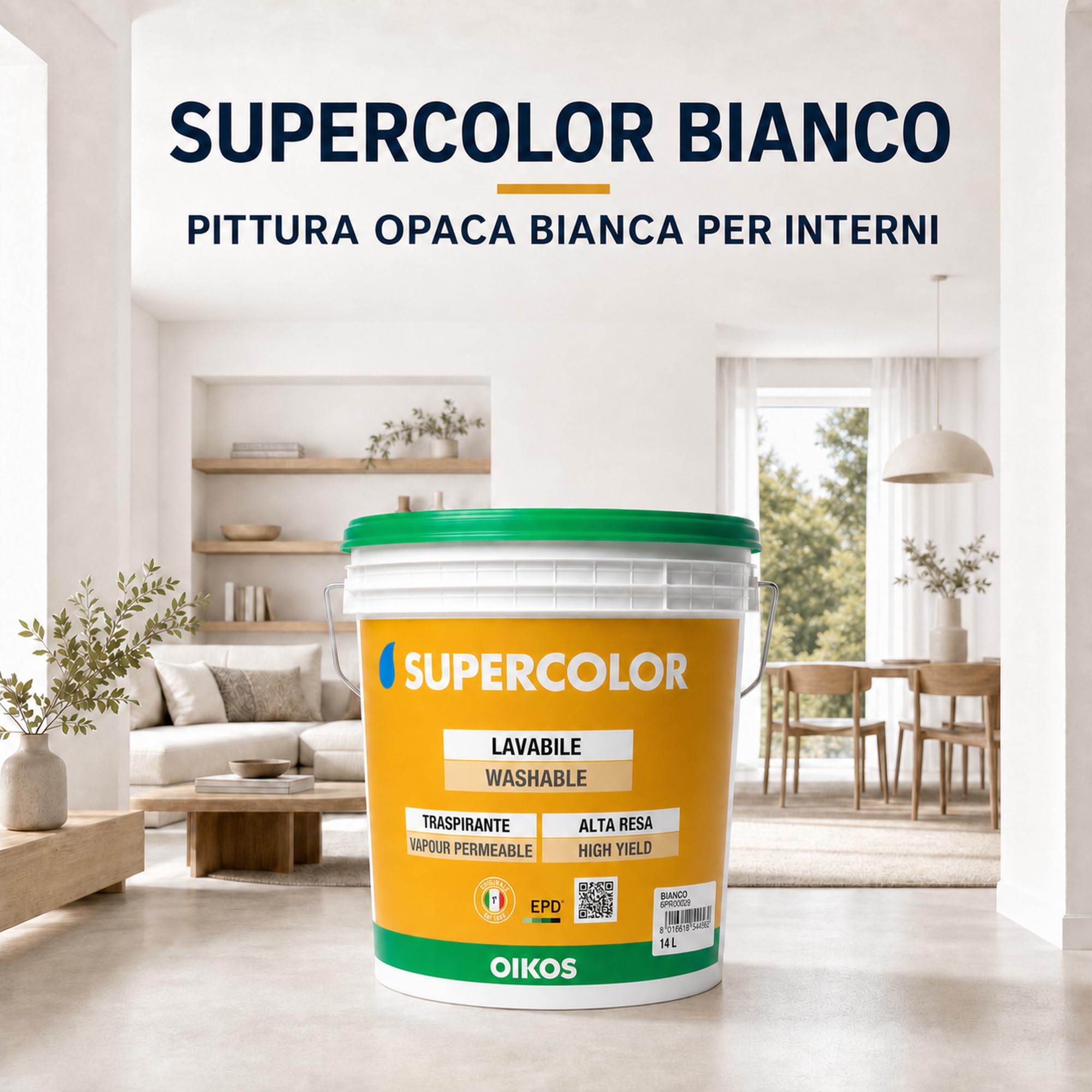 Oikos – Supercolor Pittura Opaca Bianca per Interni – 14 L – 6PR00029