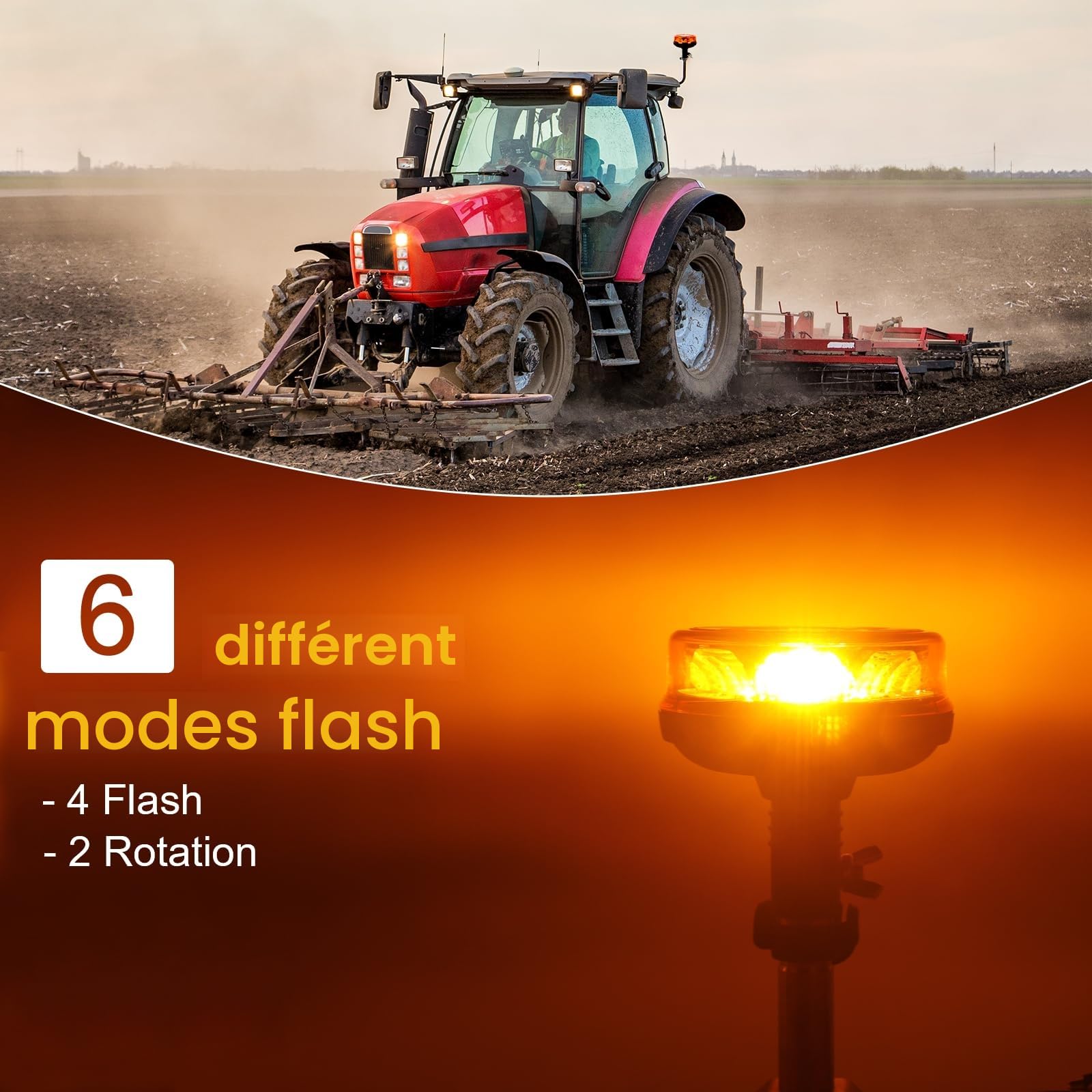 AOHEWEI Gyrophare d'avertissement LED Ambre, 4 clignotants 2 motifs rotatifs 12/24 V 16 pièces Lampe stroboscopique LED pour machines agricoles Véhicule utilitaire Bus scolaire Tracteur Pelles Camion