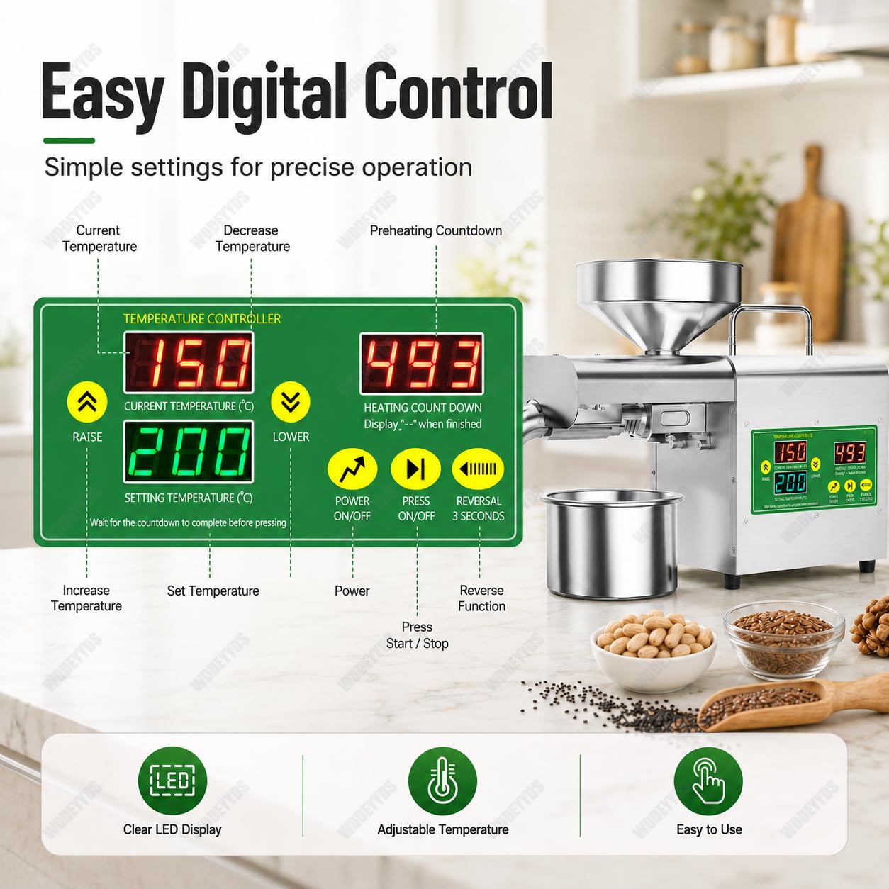 Presse à Huile électrique 1500W–Double Mode de Pressage à Froid et à Chaud–Construction en Acier Inoxydable de Qualité Alimentaire Pour Une Extraction D'huile Saine et Pure,110V/220V