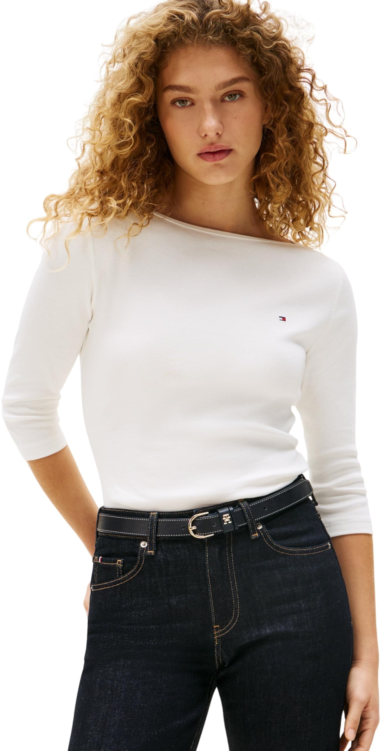Tommy Hilfiger Women’s Long Sleeve Slim Fit New Cody Top with Boat Neck, White (Nos Ecru), M