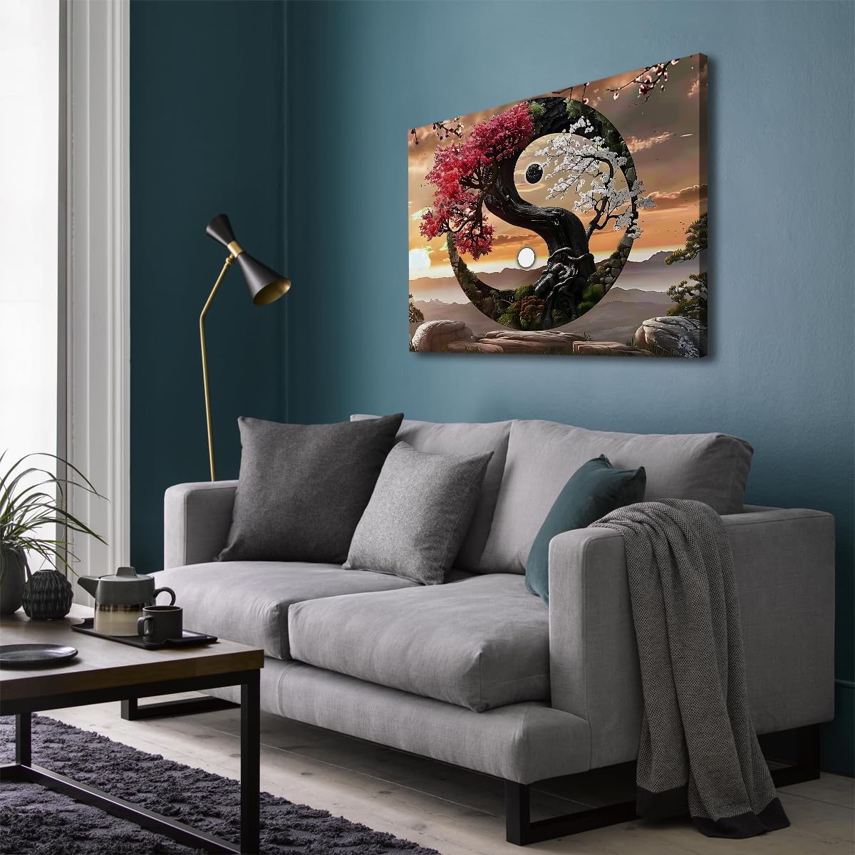Cuadro Lienzo Yin Yang Flores Rojas & Blancas Árbol 65x85cm