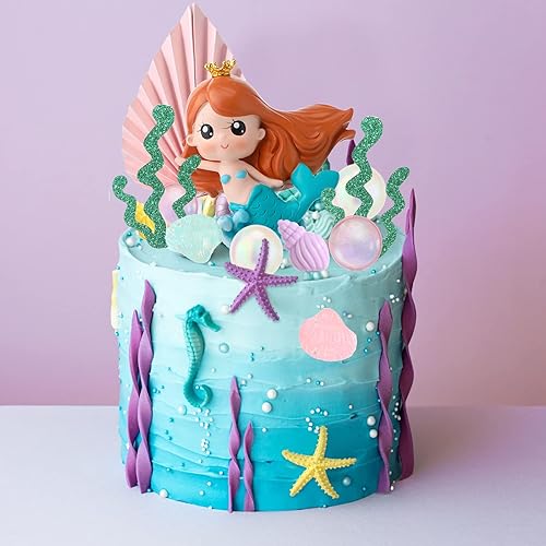 Miniatura 5 de 30 piezas de decoración de pastel de sirena de resina, figura de sirena de burbujas, hojas de palma, concha de estrella de mar, concha, hierba de