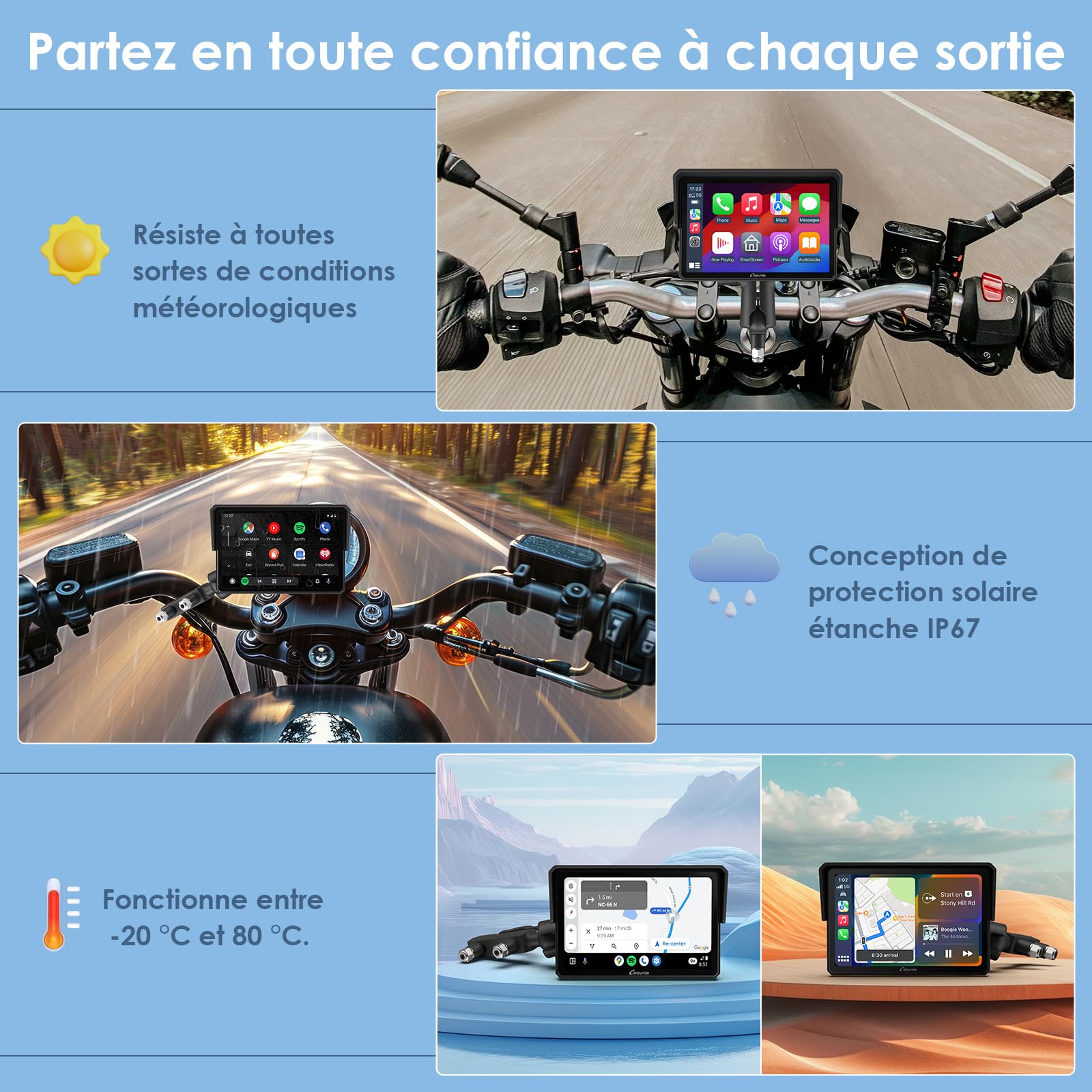 Carpuride W502 Écran Moto 5" GPS avec CarPlay sans Fil & Android Auto - Écran Tactile IPS Étanche IP67, Double Bluetooth, Navigation GPS, Siri,Béquille Moto réglable en Forme de U