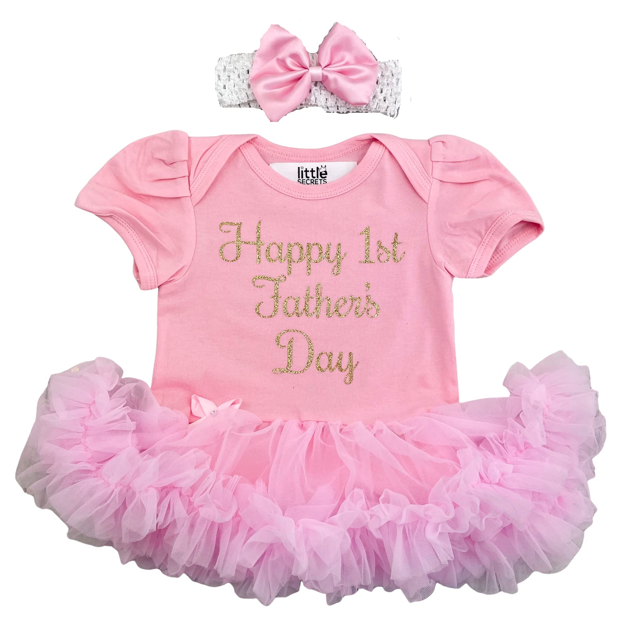 Little Secrets Clothing Baby Girl's Happy 1st Father's Day Light Pink Tutu Romper with Bow Headband, 0-18months (12-18months)