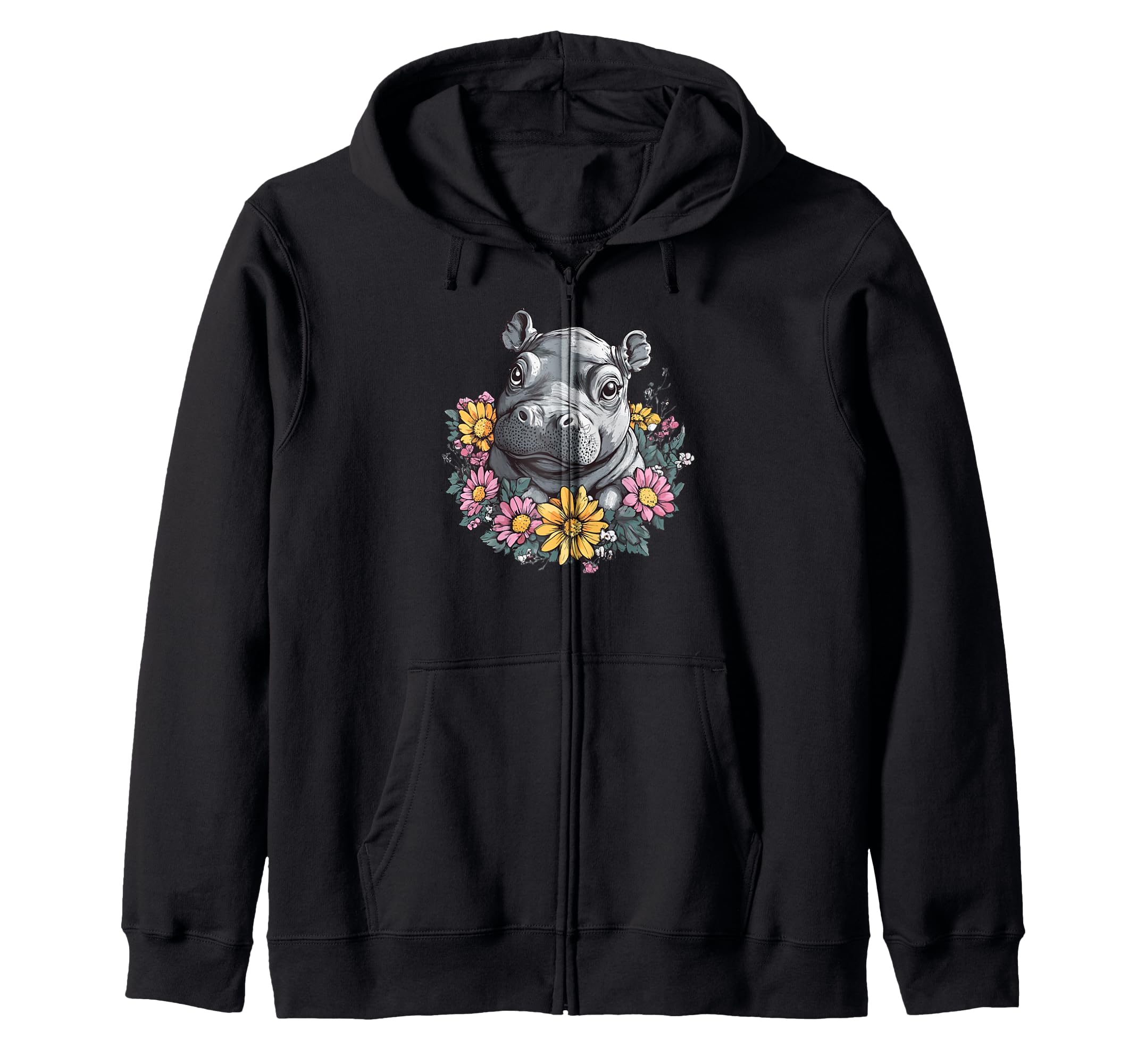Hippo Surrounded By Colorful Flowers Zip Hoodie