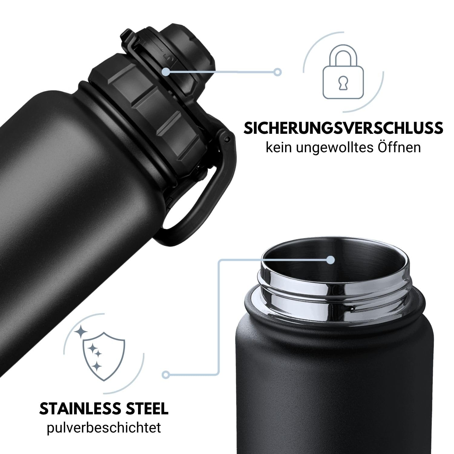 Gourde en acier inoxydable « Infinity » 1200 ml – Noir onyx – Double paroi et isolation sous vide – Bouteille isotherme – Sans BPA, anti-fuite, convient aux boissons gazeuses – Couvercle sport