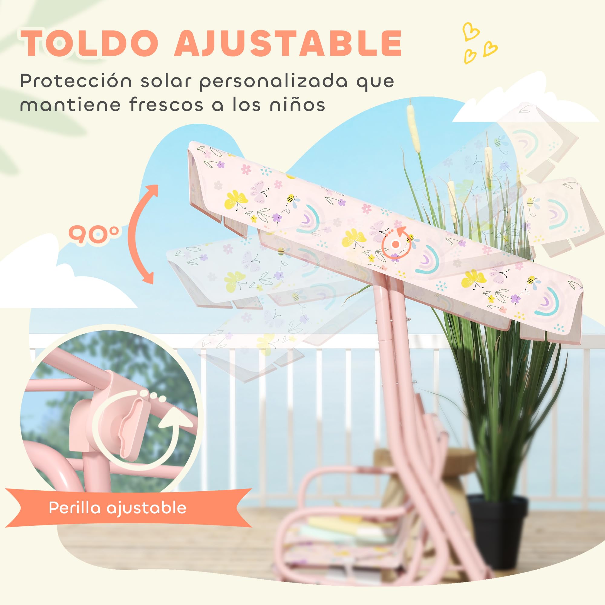 AIYAPLAY Balancelle de jardin extérieure pour enfants de plus de 3 ans avec auvent réglable harnais de sécurité et jolis motifs 112 x 75 x 120 cm Rose