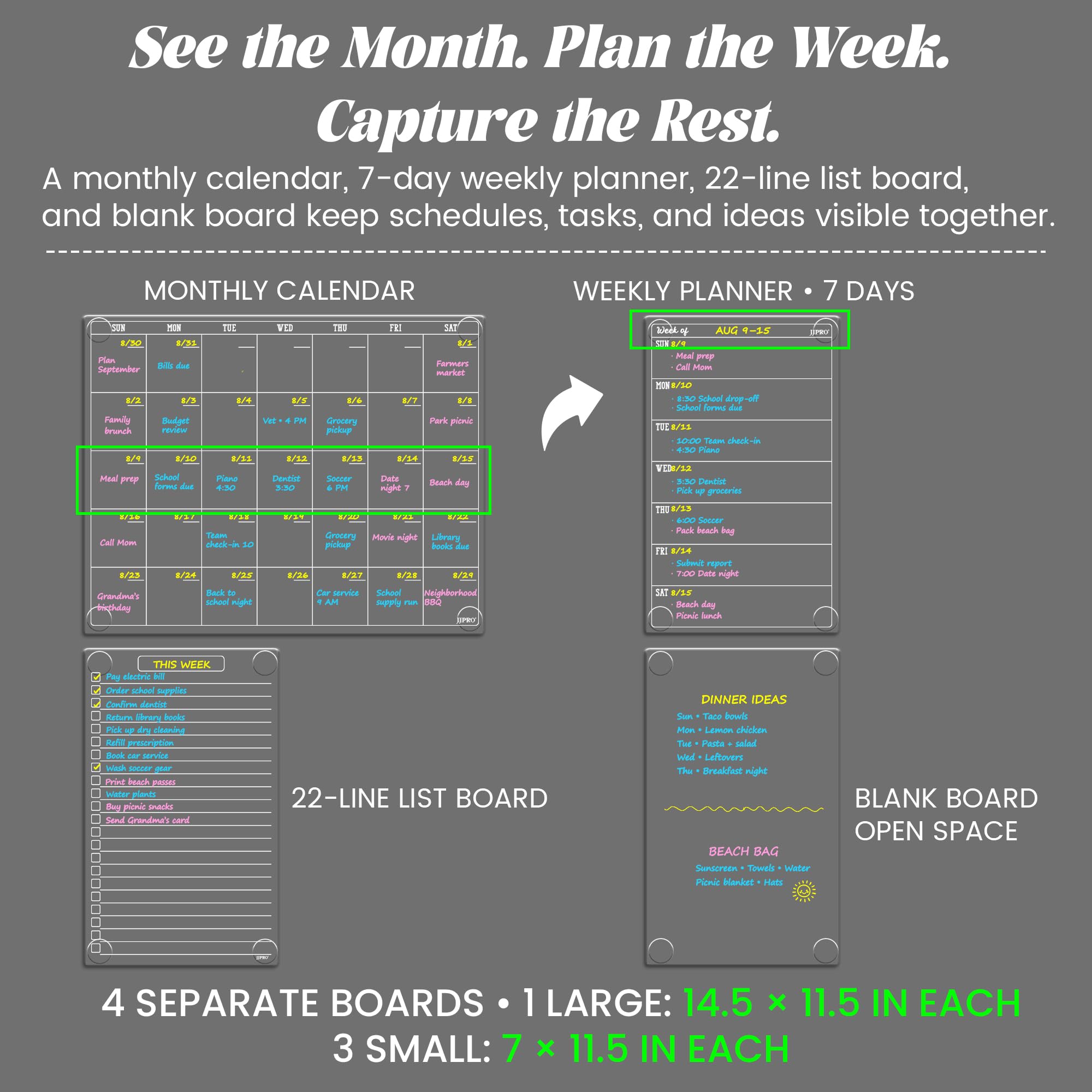 JJPRO Calendario mensual de borrado en seco no magnético para nevera, calendario mensual transparente, planificador semanal, lista y tablero en blanco. Calendario transparente reutilizable para nevera