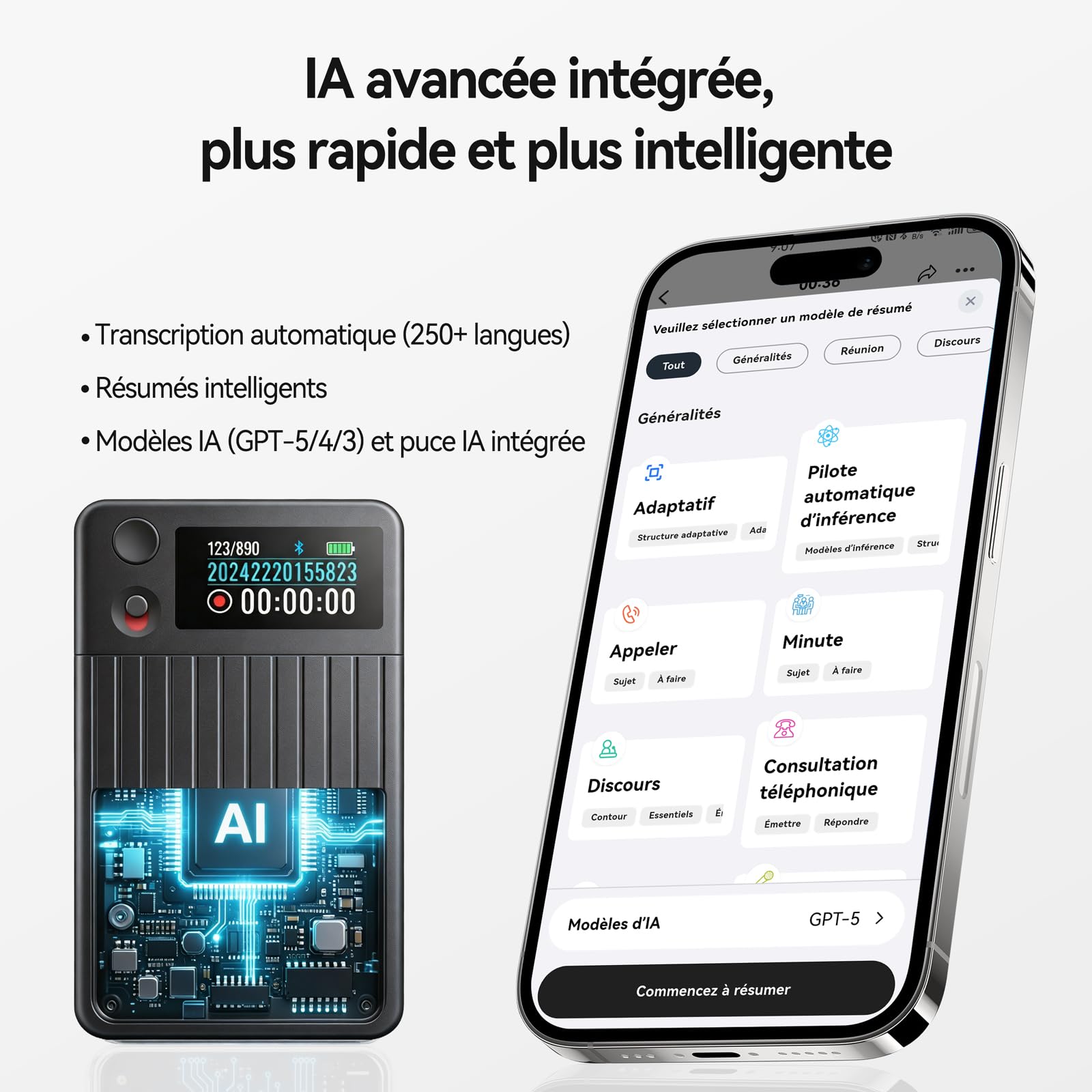 Enregistreur Vocal IA avec Transcription et résumé AI avancés Dictaphone IA | 1200 Min/Mois, Audio HD, avec étui, pour réunions de Travail, Cours et appels, Cadeau pour Professionnels et étudiants