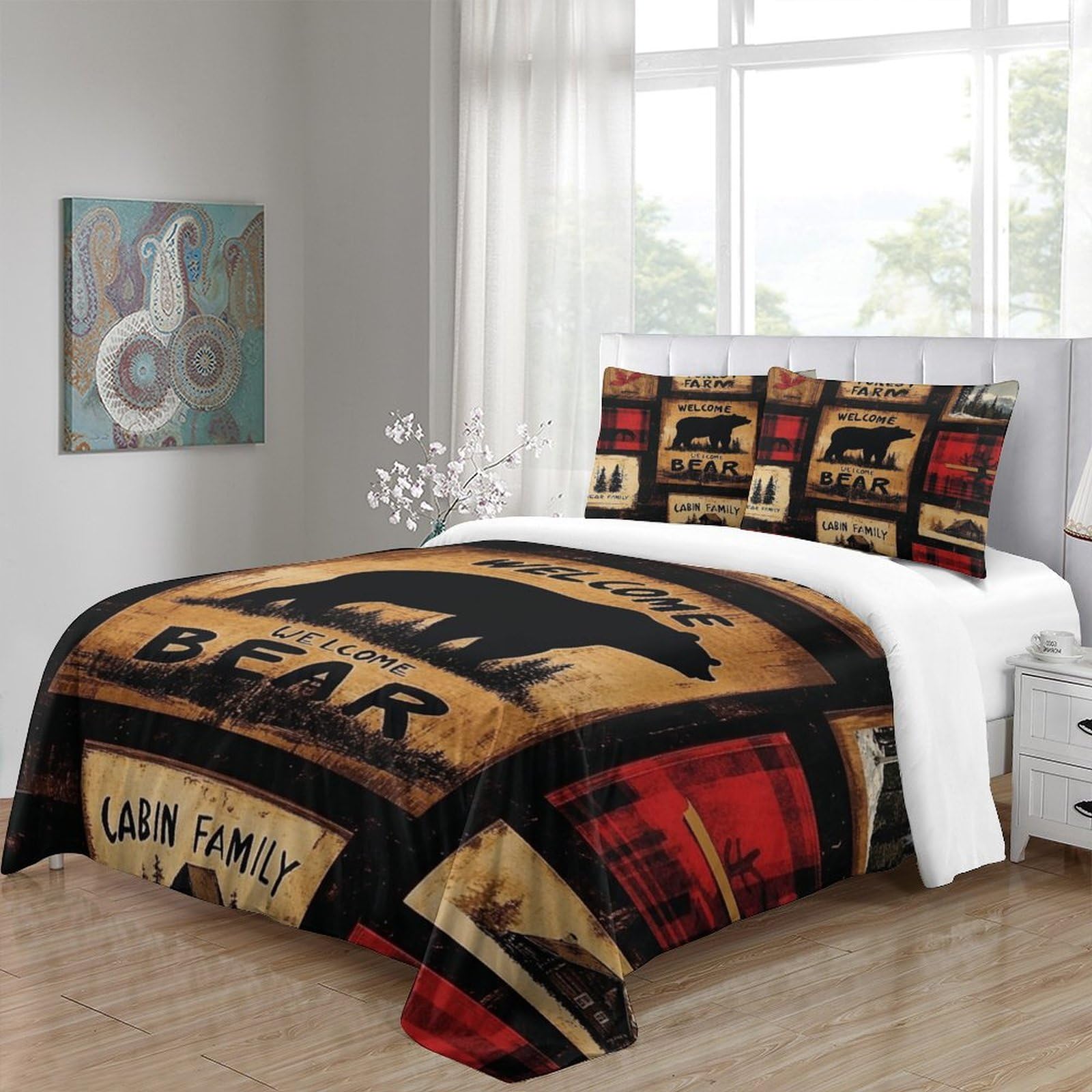 Arredamento rustico della baita Impressione 3D 3 pz cover piumone Stile cartello in legno fodera per edredone microfibra morbida ipoallergenica per adolescenti donne adulti Super king（260x220cm）