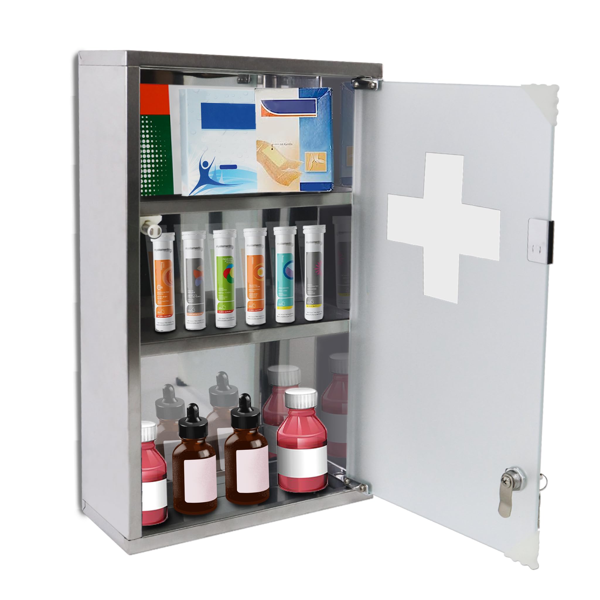Armoire à pharmacie en acier inoxydable avec 3 compartiments, 30 x 12 x 50 cm