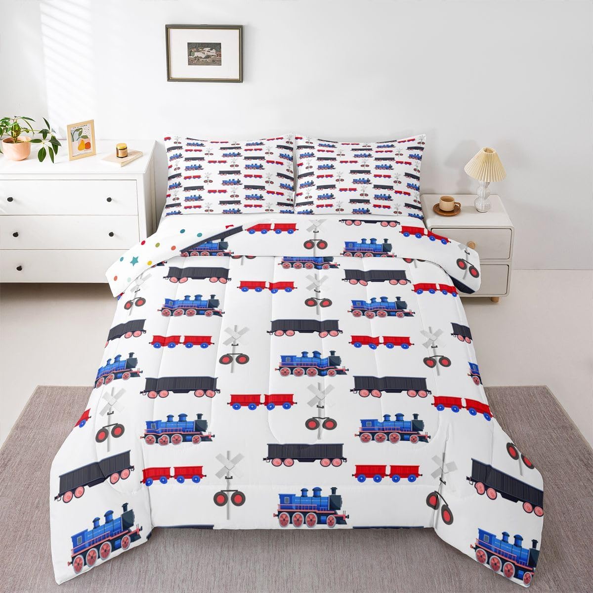 Erosebridal Cartoon Train Bedding Set Red Blue Train Comforter Set for Boys Child,Kids Vehicles Duvet Insert Kids Car Theme Bedroom Decor Queen Size