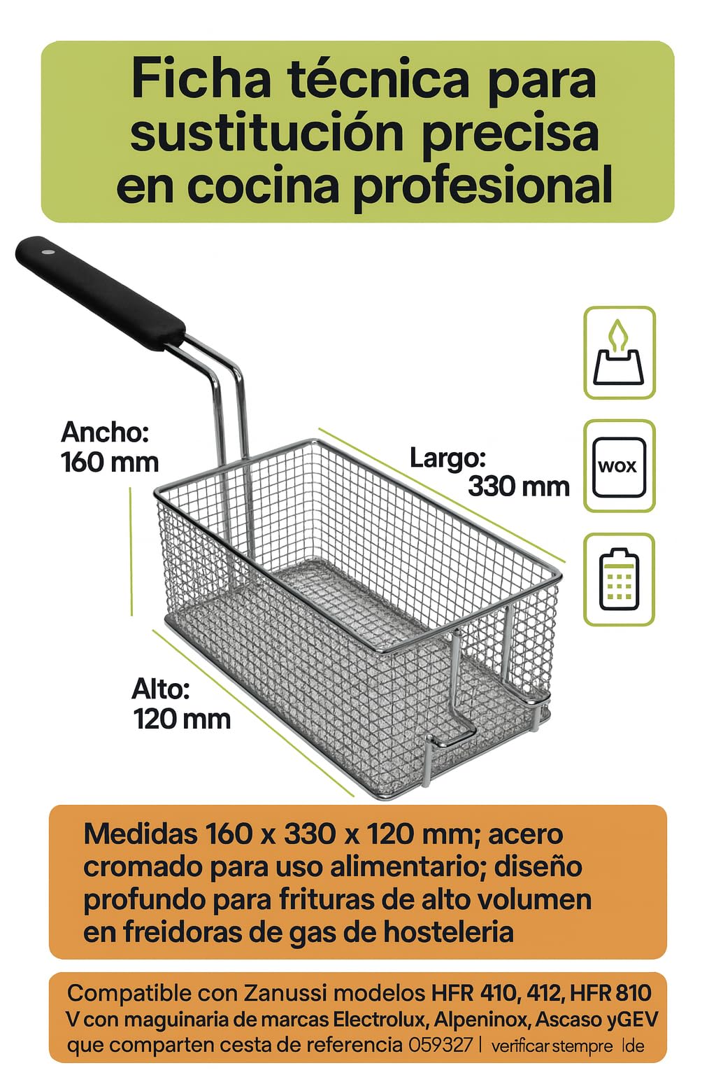 CubetasGastronorm ® cesta freidora 160x330x120 mm acero cromado recambio compatible con Zanussi modelos HFR 410 412 HFR 810 para freidora gas cocina profesional bar restaurante y hoteleria extra