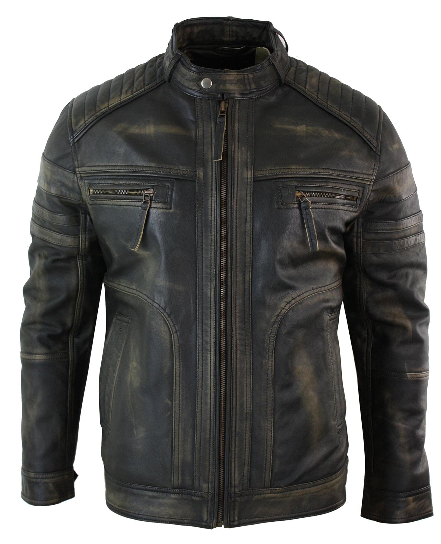 Infinity Mens Black Brown Vintage Biker Real Leather Jacket Distressed Zipped Casual