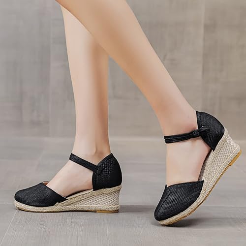 Vista 3 de Dheva-C Sandalias de tacón de cuña con correa en el tobillo para mujer, estilo retro, casual, correa con hebilla, zapatos de verano con plataforma