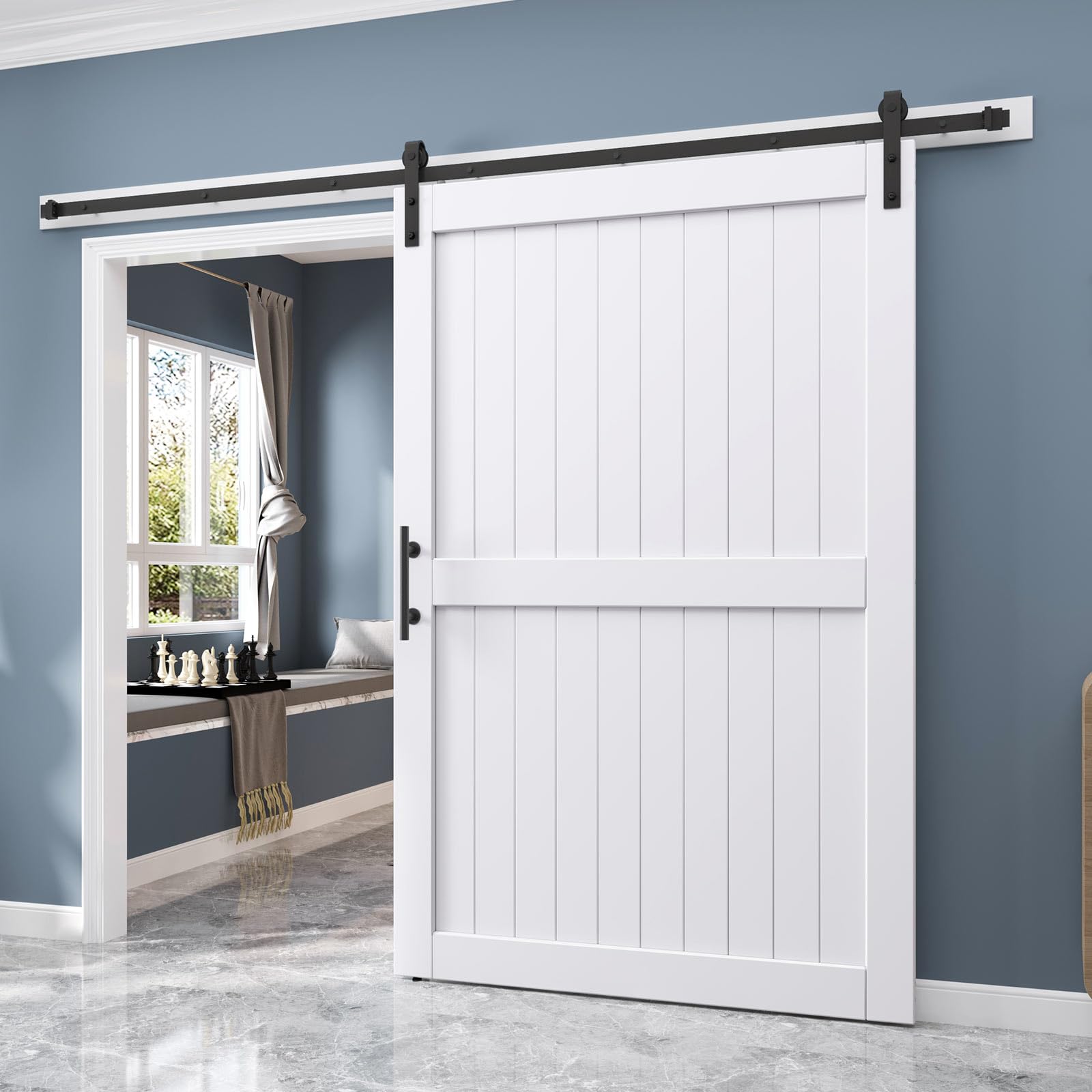 Photo 1 of EaseLife 54 x 84 inch White Barn Door with 9FT Sliding Door Hardware Kit Included & Handle,Solid Wood Covered with Waterproof PVC Surface,DIY Assemblely,Easy Install,H-Frame,Fit 50-52in Wide Opening