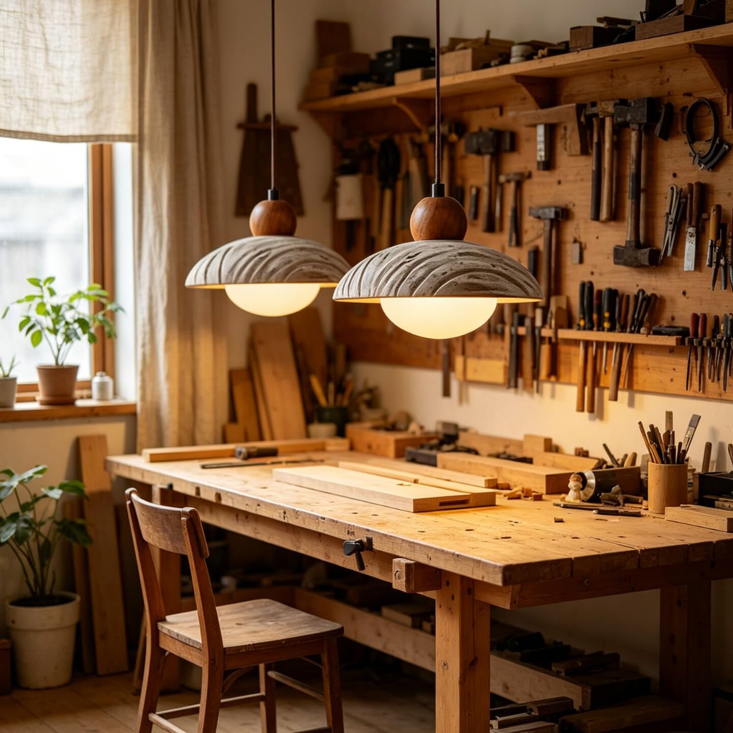 Lampada a sospensione in cemento artistico a in legno