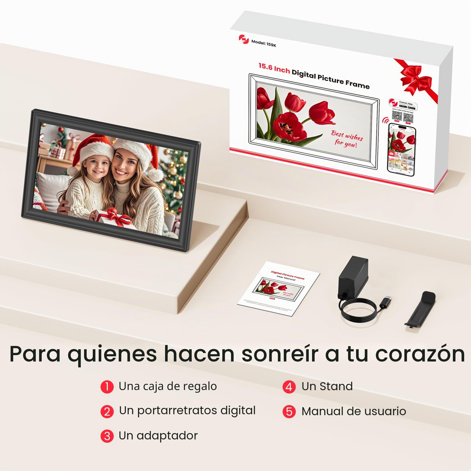 Frameo - Marco de fotos digital WiFi de 15.6 pulgadas, almacenamiento de 64 GB, pantalla táctil IPS FHD de 1920 x 1080, intercambio instantáneo de fotos/videos a través de la aplicación Frameo